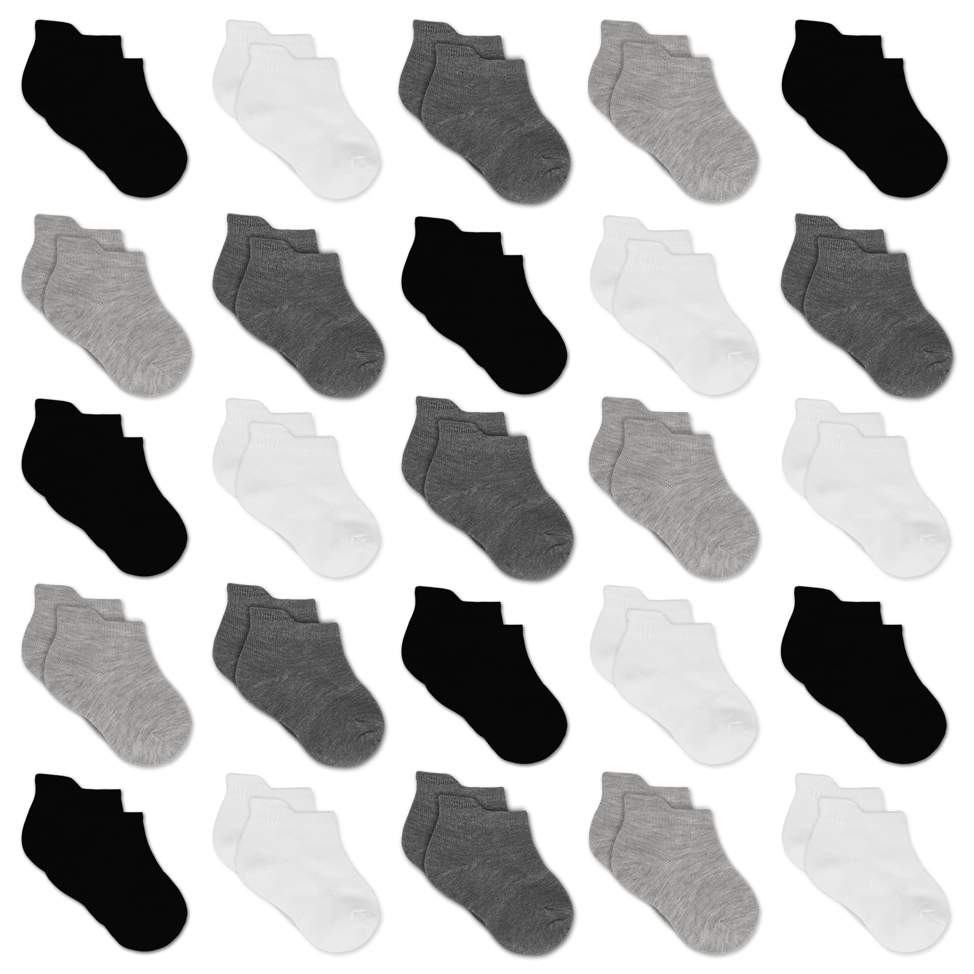 GENTABY Calzini da bambino per scarpe da ginnastica per bambini, 25 paia di calzini per bambini neri grigi bianchi taglia 19-38 età (1-14 anni)