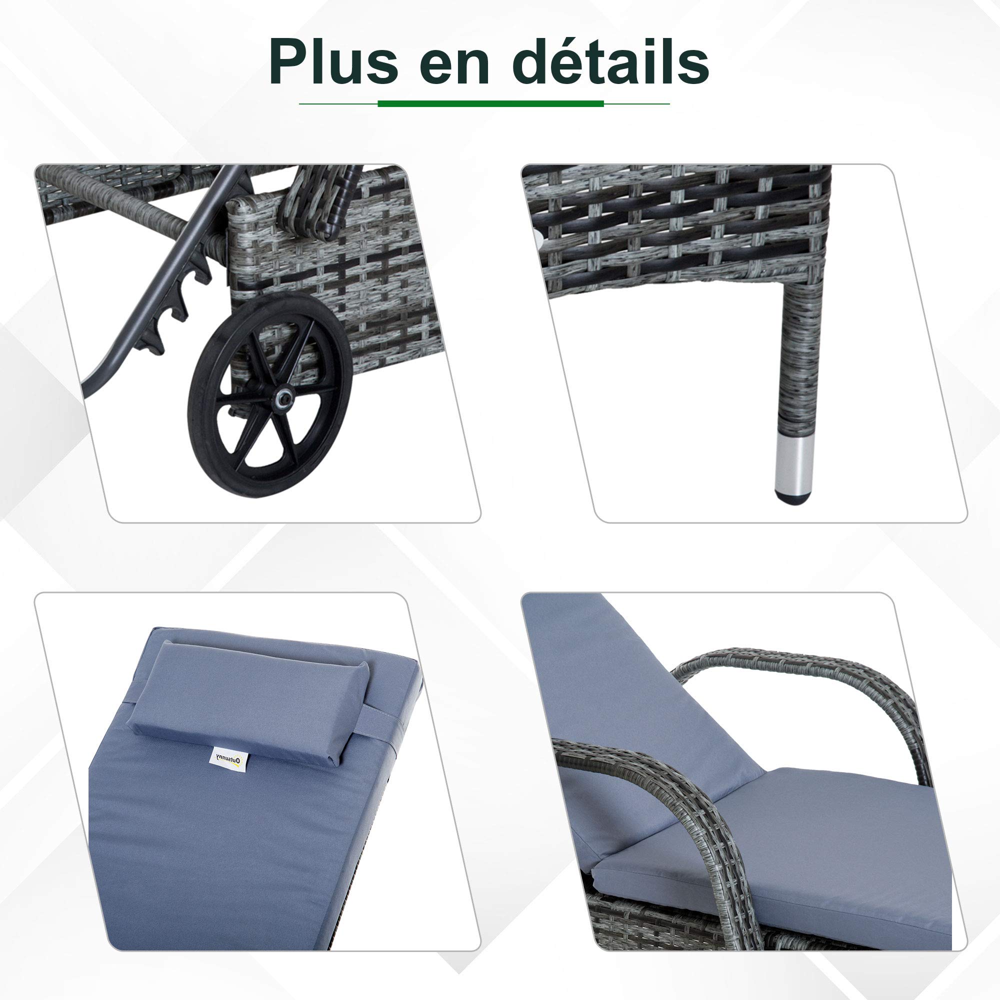 Outsunny Lot de 2 Transats Bains de Soleil Grand Confort : Matelas Gris
