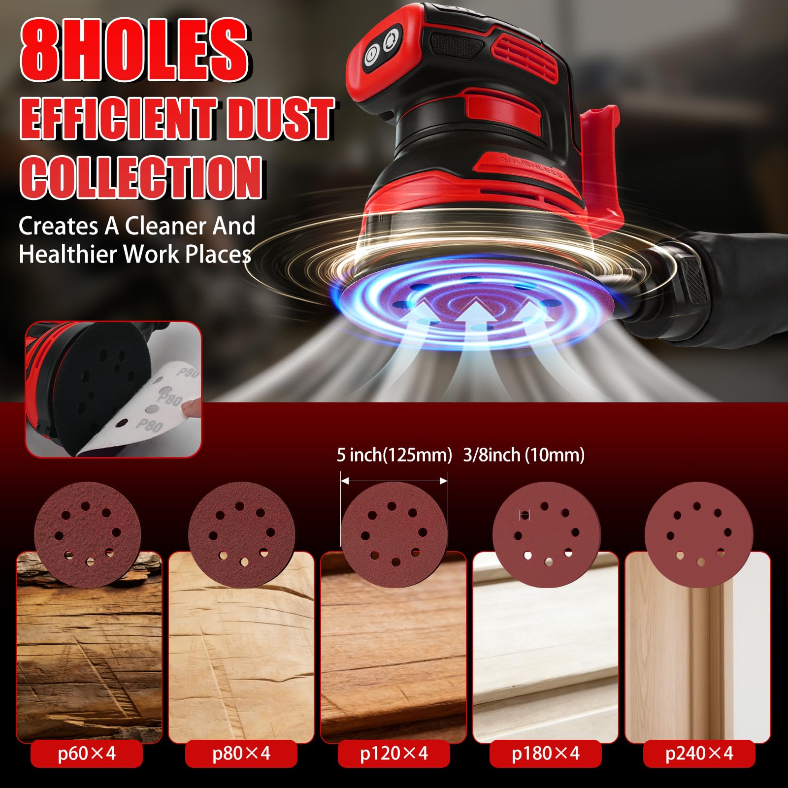 Lijadora orbital inalámbrica compatible con batería Milwaukee M de 18 V (sin batería), 125 mm sin escobillas, lijadora manual eléctrica de 4000 – 8000 rpm, 3 velocidades, 21 hojas de papel de lija y