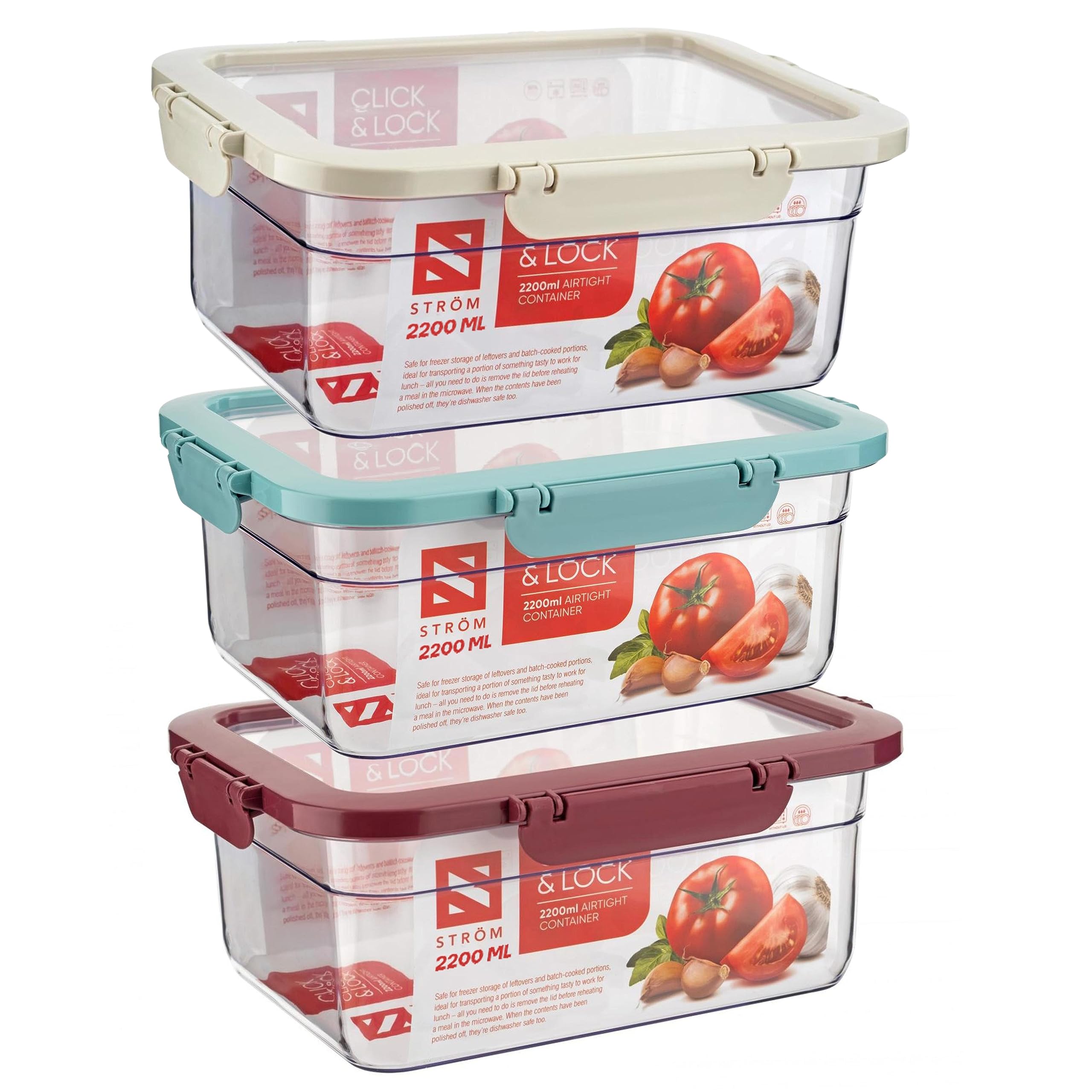 HOMESHOPA 2.2 Litre Airtight Food Storage Containers with Lid, 3 Pack Red, Blue & White Plastic LeakProof Kitchen Pantry Containers, Reusable Meal Prep, BPA Free Food Storage Box
