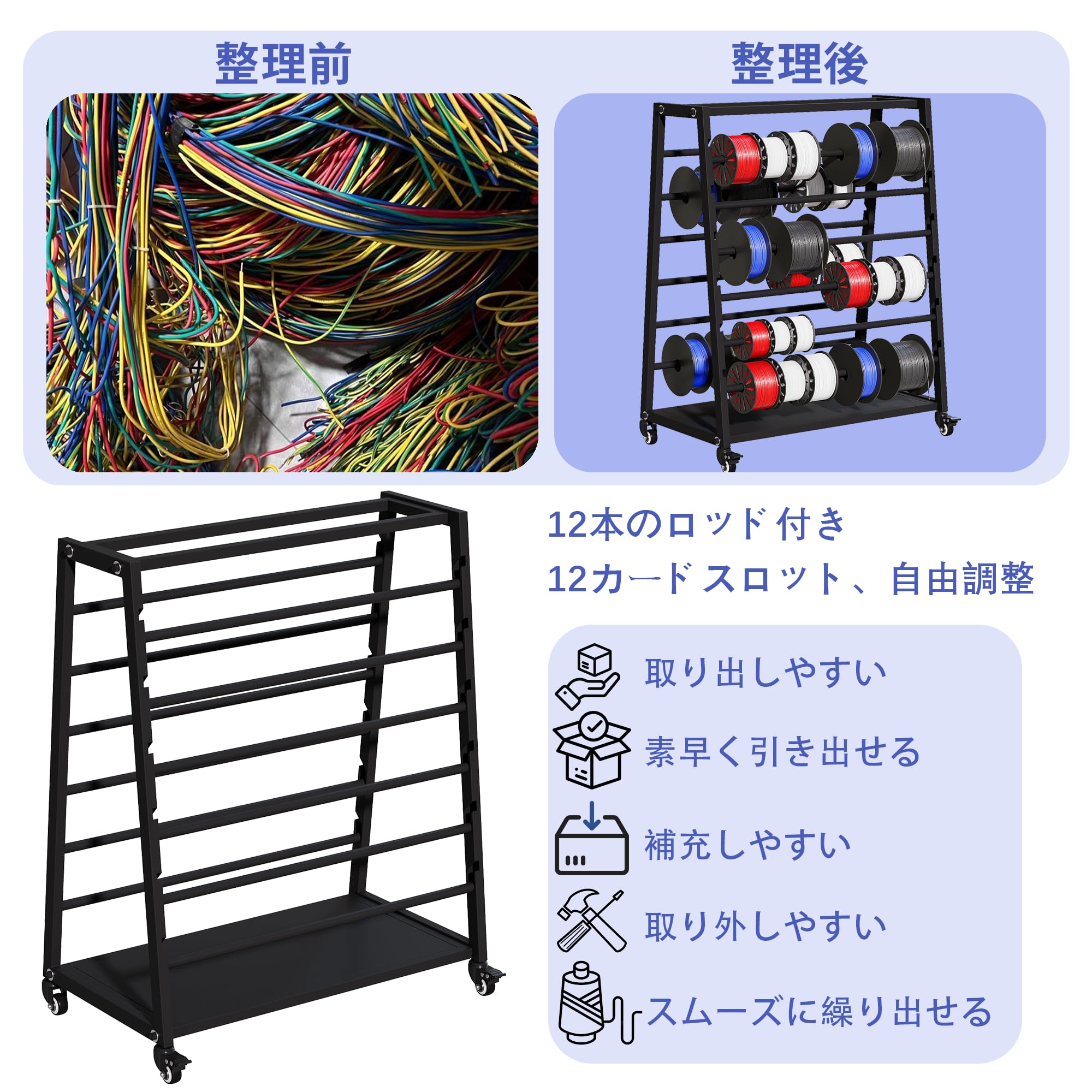 tonchean ワイヤスプールラック 70*22.4*87.8cm キャスター付き 調整可能 冷間圧延鋼線ケーブルディスペンサー 12本のロッド付き 配線スプール ラック 電線管収納 電気工業用 小売用