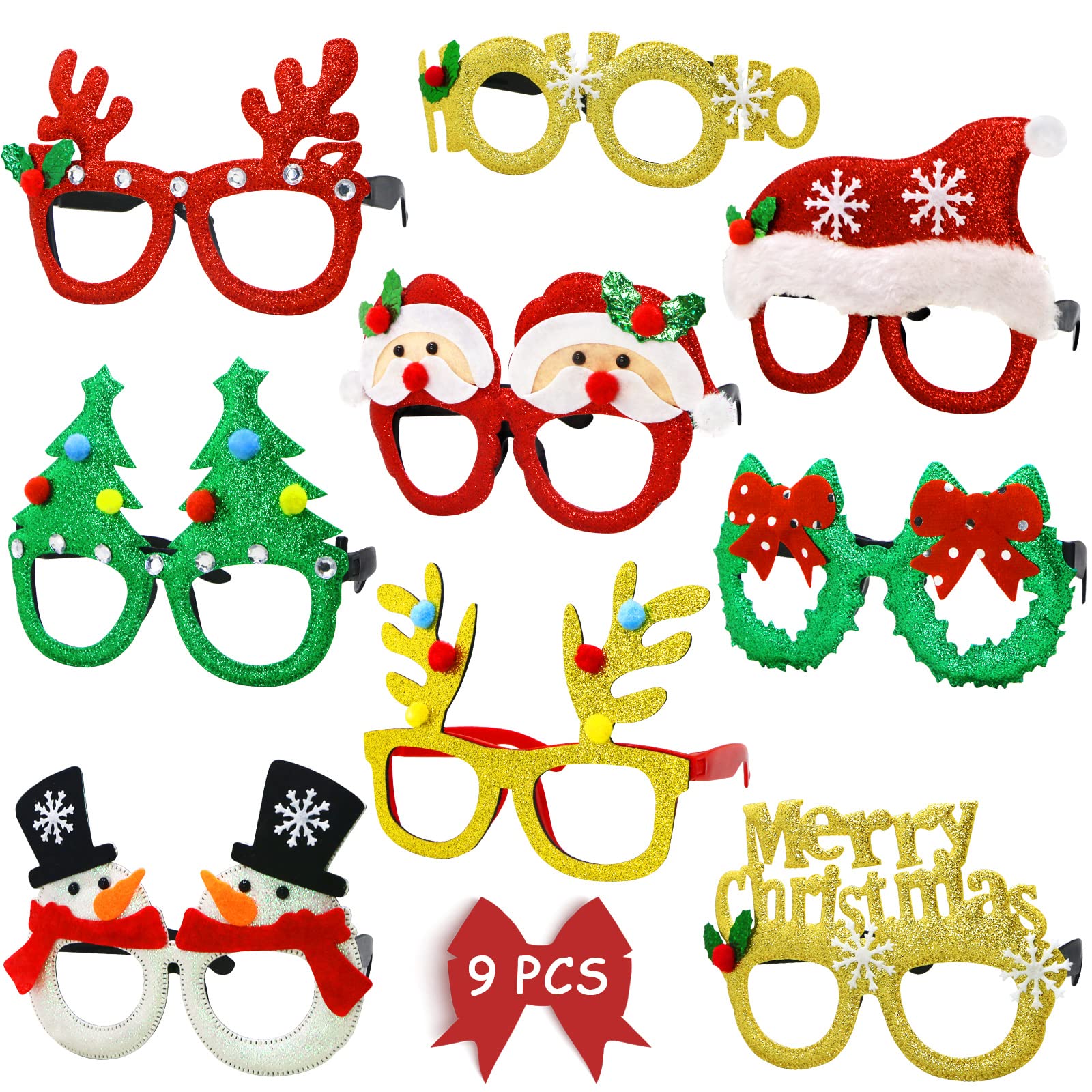 9 Pcs Glitter Holiday Glasses, Christmas Eyeglasses for Party Favors