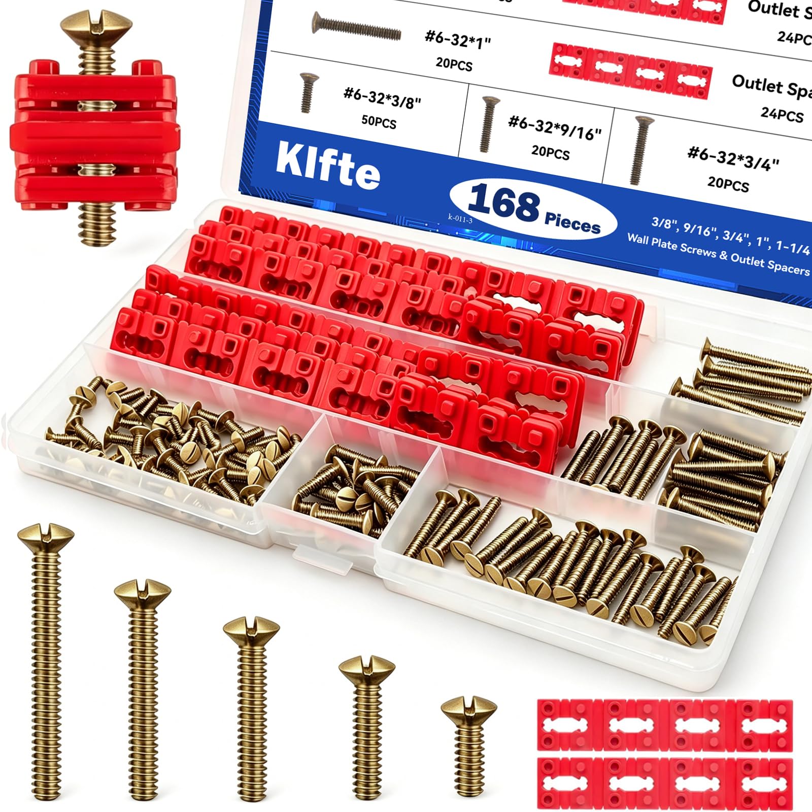 Klfte 168pcs Bronze Wall Plate Screws & Outlet Spacers Kits, 3/8", 9/16", 3/4", 1", 1.2" Outlet Screws 6-32 and Receptacle Spacers for Switch Electrical Box