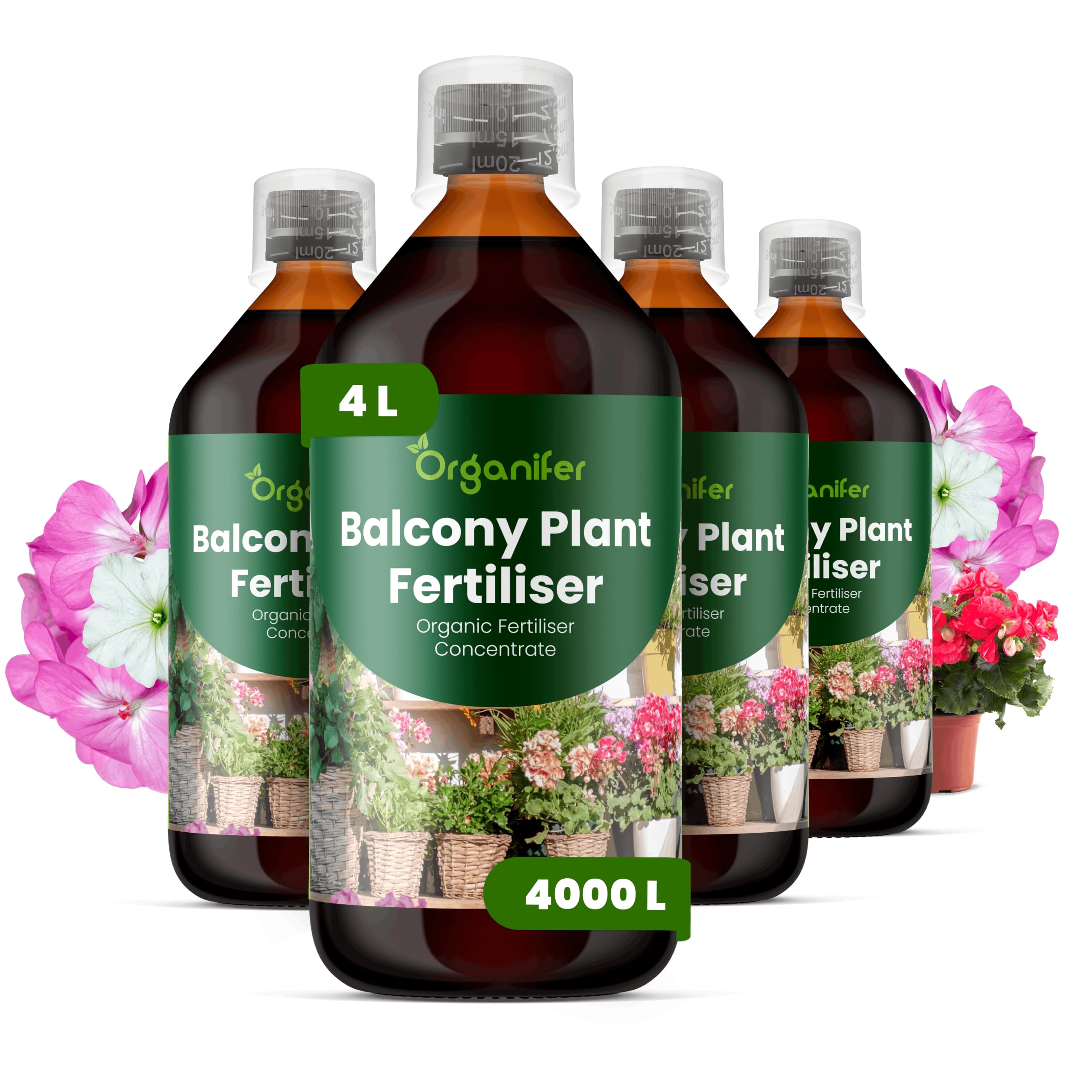 Fertilizante Líquido Para Plantas De Balcón - 4x1L - NPK 2-1-8 | Fertilizante Para Floración Abundante Y Hojas Sanas - Favorece Raíces Y Vitalidad - Organifer