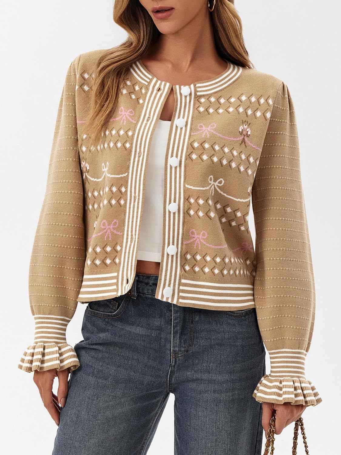 Saodimallsu Womens Cropped Cardigan Striped Puff Ruffle Sleeve Cute Graphic Button Bow Knitted Sweater Outerwear - Image 3