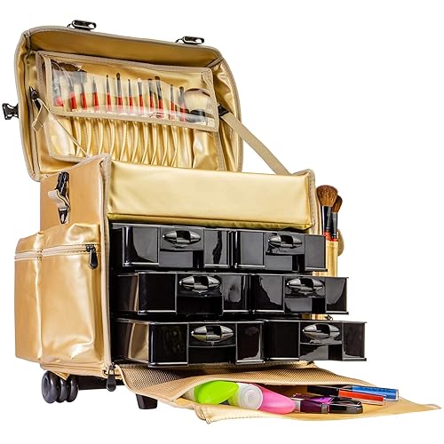 Miniatura 6 de Estuche de maquillaje blando con carrito SHANY Cosmetics, 2compartimientos, color negro con 3bolsas organizadoras de malla de regalo, Dorado (Gold