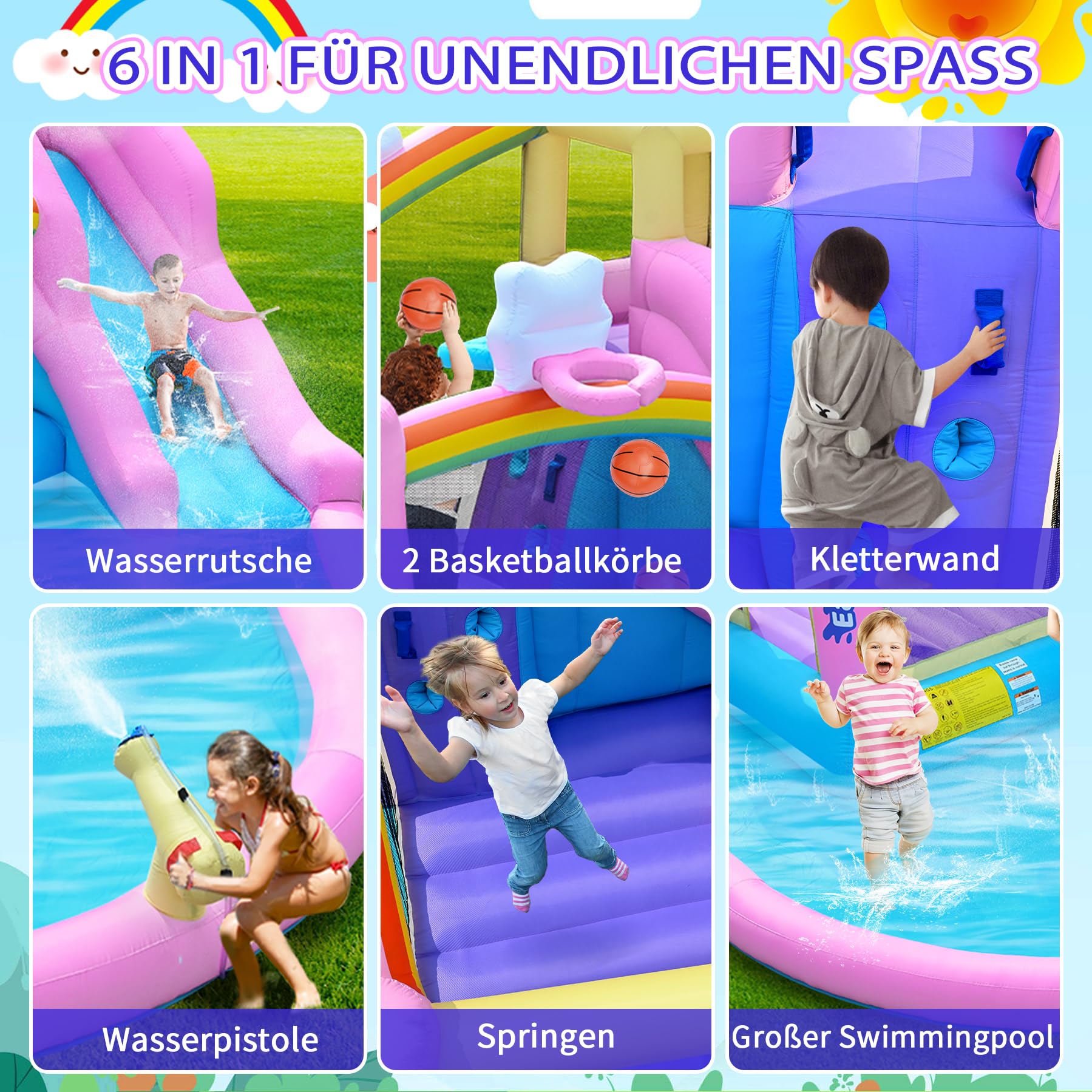 Castillo hinchable hinchable con tobogán de agua, pared de escalada, canasta de baloncesto y piscina infantil, incluye soplador, exterior para niños, ideal para jardín, 365 x 390 x 238 cm