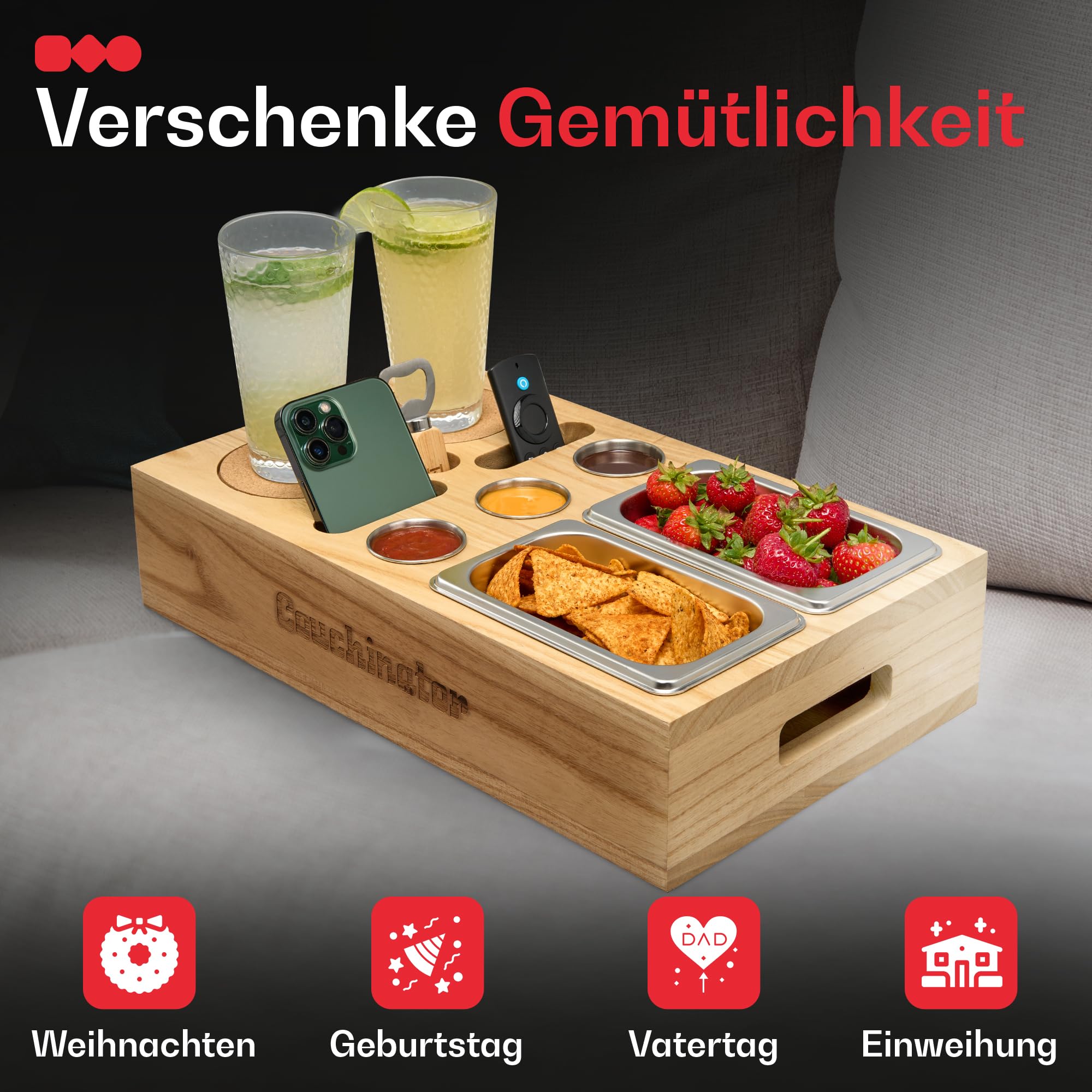 Premium Couchbar – Legno di Kiri, 3 colori, 2 ciotole per snack, 2 sottobicchieri, 1 apribottiglie, organizer per snack – Divano Butler vassoio da portata (legno con scritta)