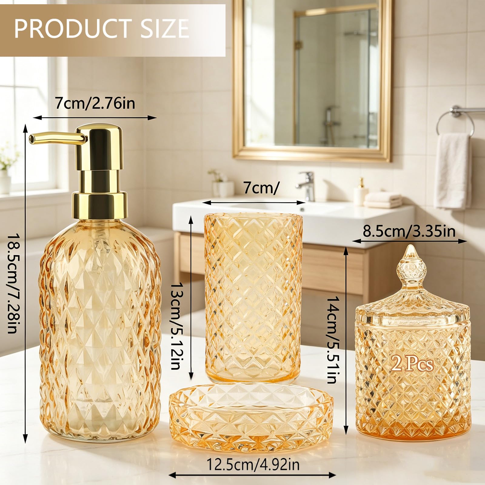 Set di 5 accessori da bagno in vetro dorato, dispenser di sapone con portasapone, portaspazzolino, contenitore di cotone, bicchiere, decorazione moderna per il bagno