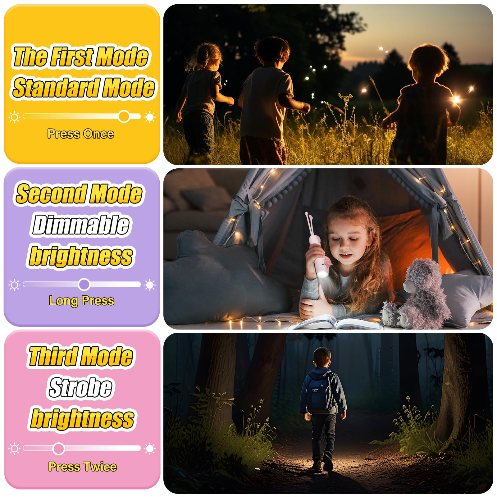 ZKLiLi Linterna recargable, Luz LED de alto flujo ajustable, linterna portátil para niños, para emergencias de camping y senderismo, regalo de linterna unicornio para niños