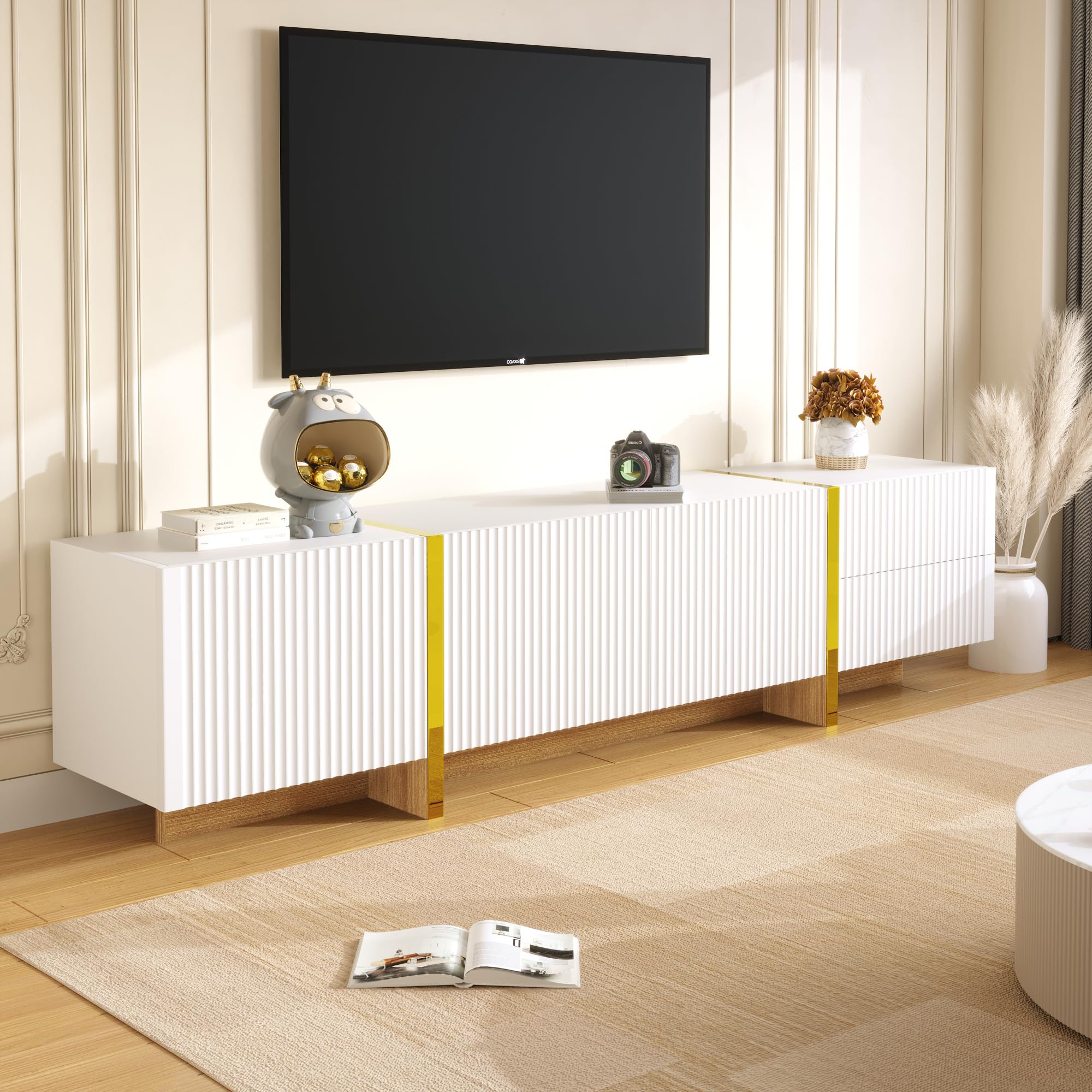 Mobile TV da 190 cm, 3 ante, 2 cassetti, bianco con venature dorate, nere e legno, 190 L x 35 L x 45 H cm (oro bianco)