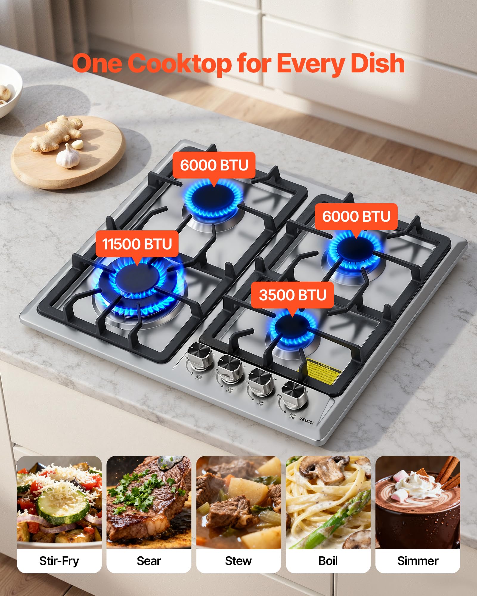 VEVOR 24 inch Gas Cooktop 4 Burners Gas Stove Top, Max 27000BTU Built-in Stainless Steel Stove Top LPG/NG Convertible Dual Fuel Cooktop Stoves with Thermocouple Protection for Kitchen Apartment Rvs 24 inch 4 Burners - 2