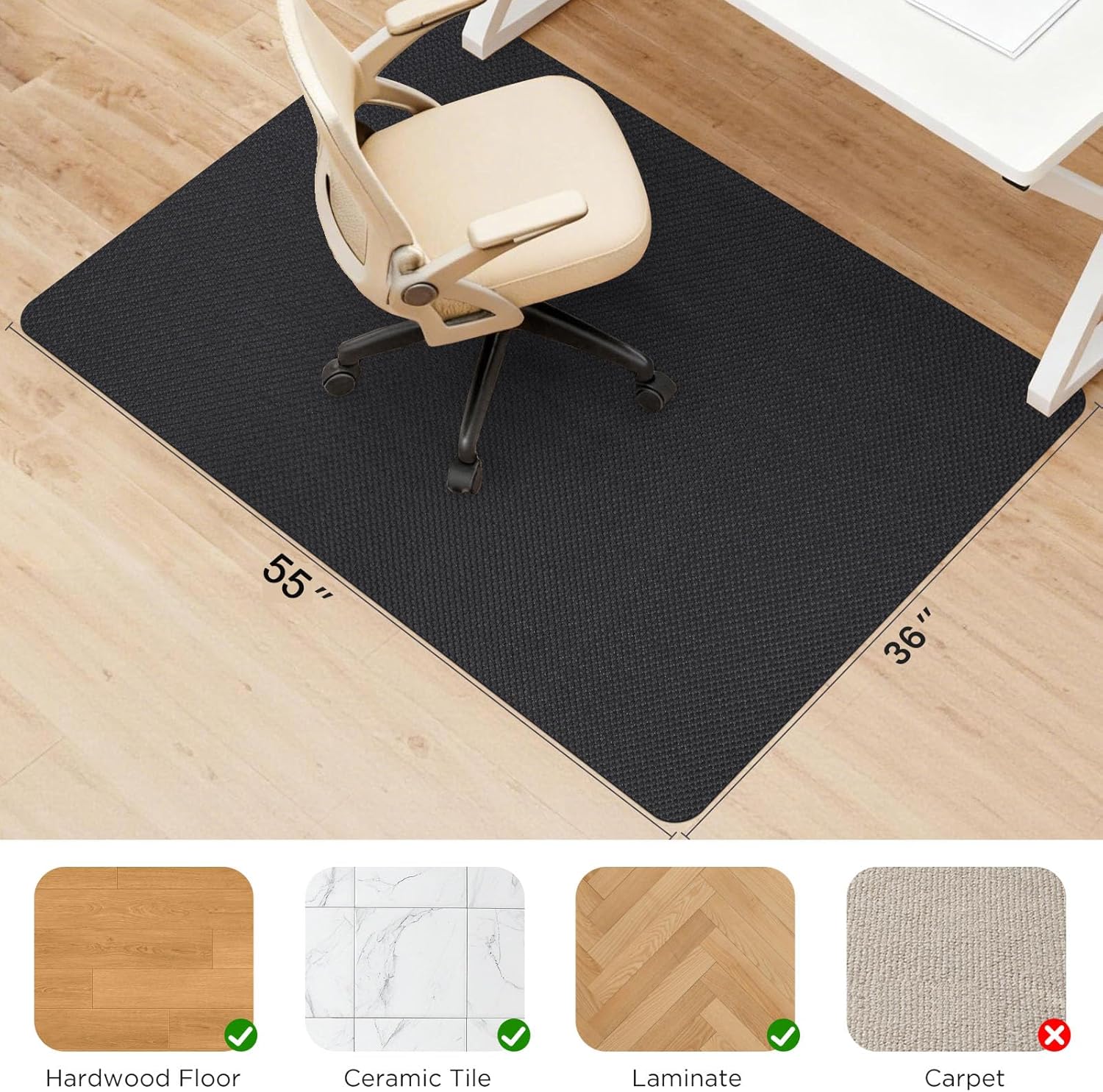 Sycoodeal Chair Mat,36" x 55" Office Chair Mat for Hardwood and Tile Floor, Heavy Duty Floor Protector for Rolling Chairs,Non-Slip,Computer Mat for Home Office(Black)