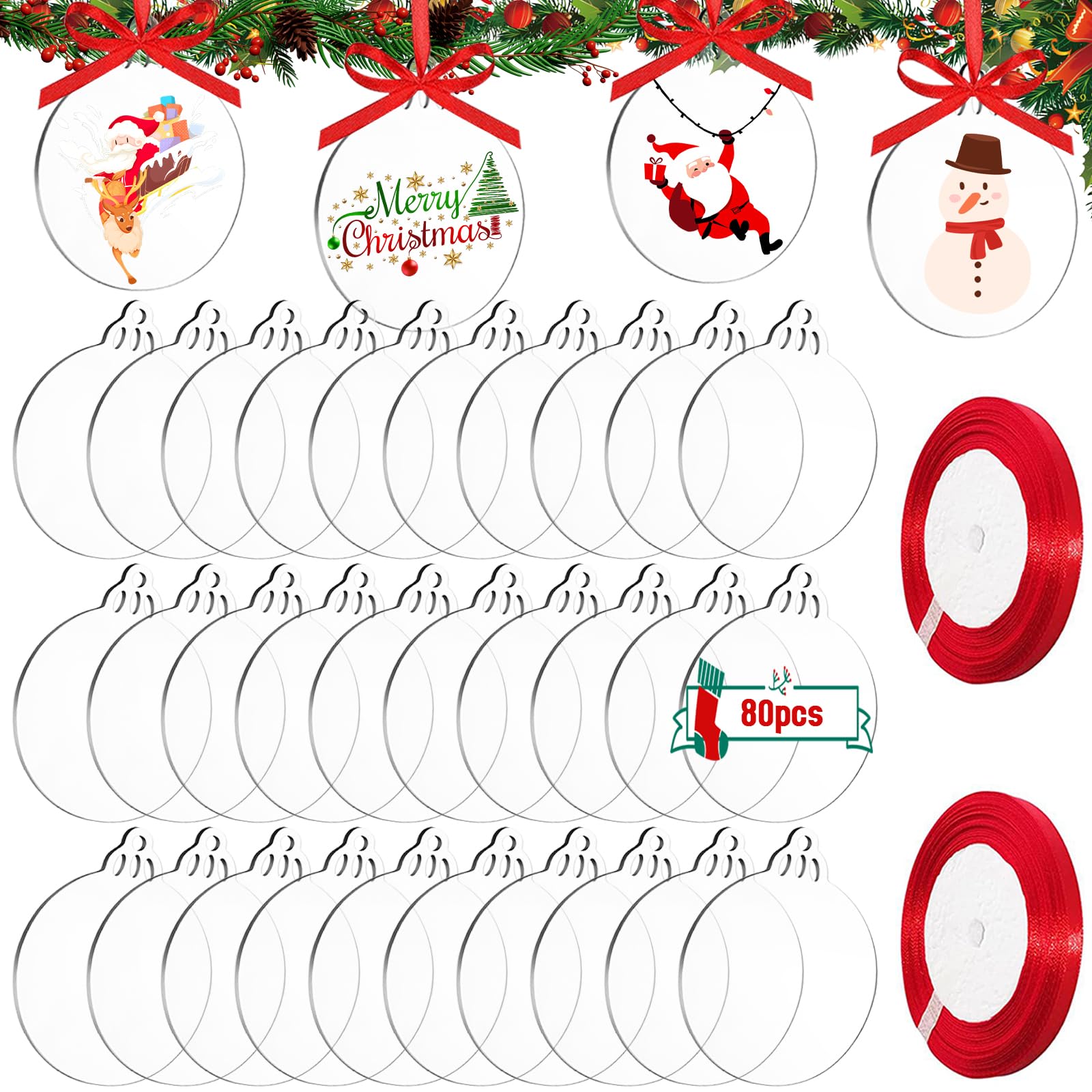 DARENYI 80Pcs Christmas Clear Baubles 7.6cm Acrylic Baubles Blanks for Xmas Christmas Decorations with Ribbon