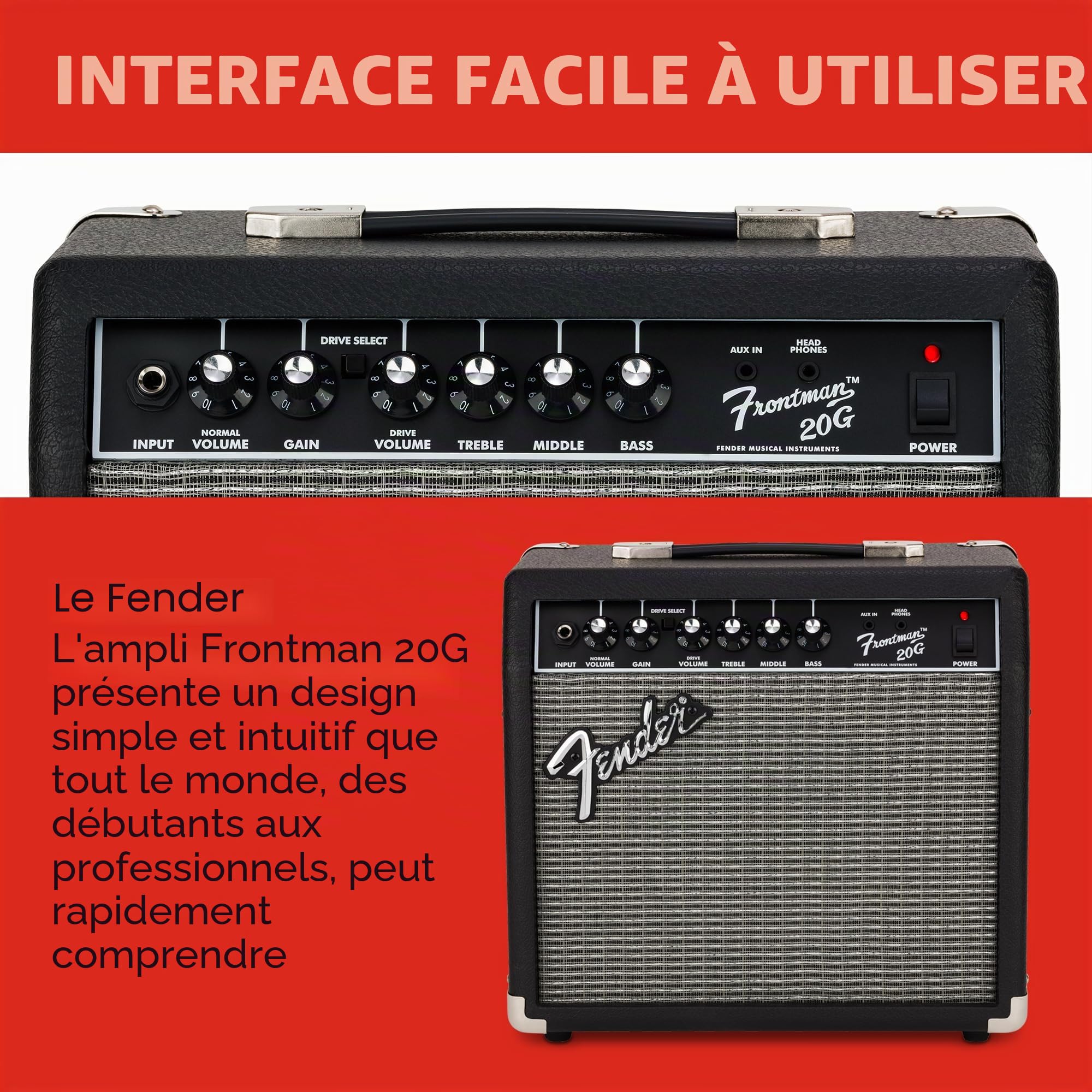 Fender Frontman Ampli de Guitare 20 G, 20 W, Haut-Parleur Fender de 15 cm, Design spécial, 25 x 40 x 40 cm