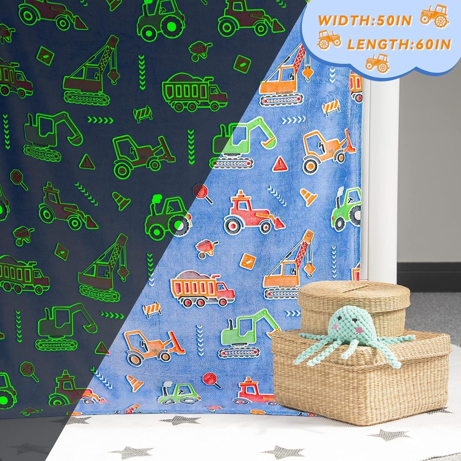 Glow in The Dark Excavator Blanket Construction Tractor Trucks Throw for Boys and Girls Blankets for Kids Toddler Cars Gifts for Boy (50"x60", 4)