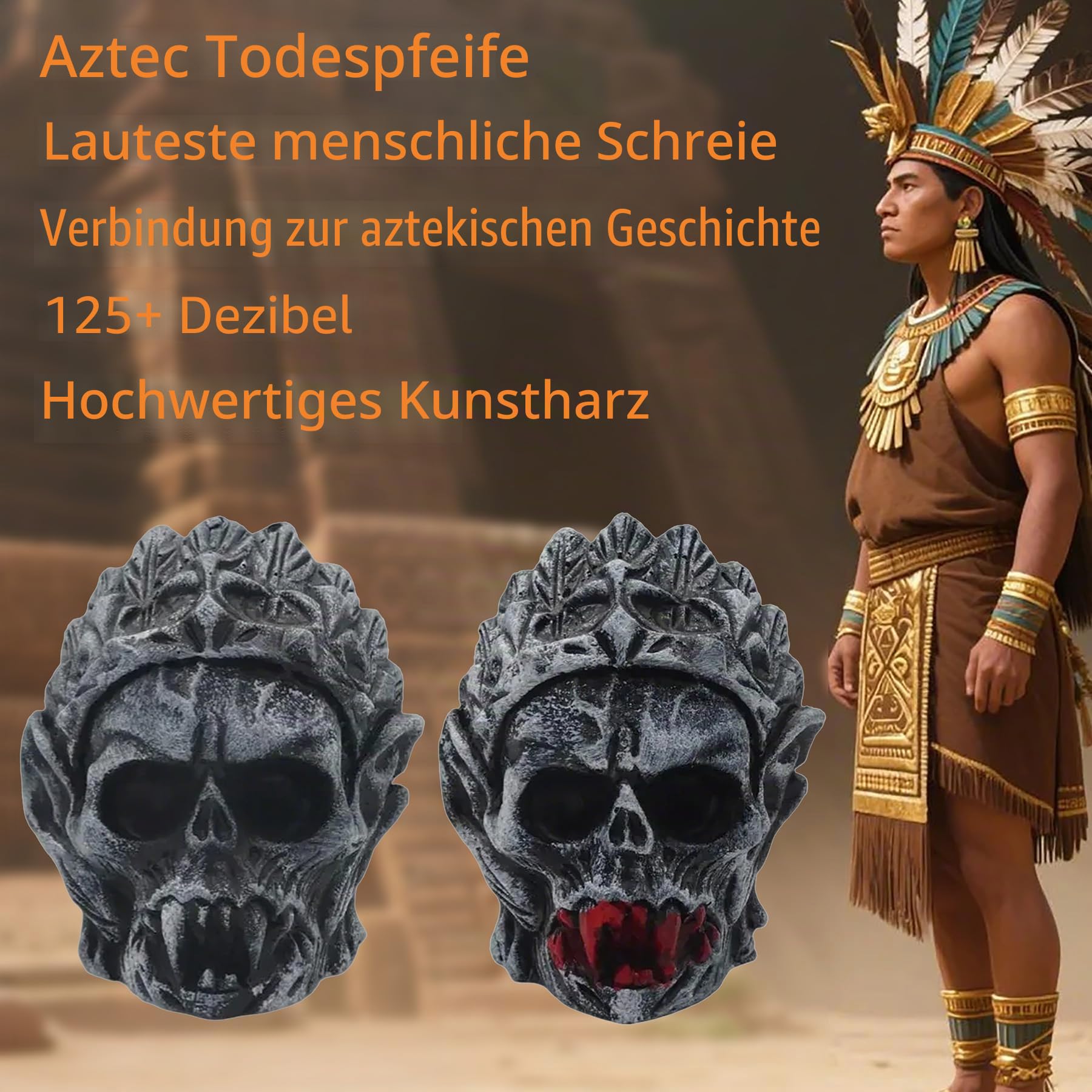 Aztekische Todespfeife – 125+ Dezibel Menschliche lauteste Schreie, antike Aztekenpfeife für Halloween, Dia De Los Muertos, einzigartige Geschenke für Horror- und Geschichtsfans (Schwarz A)