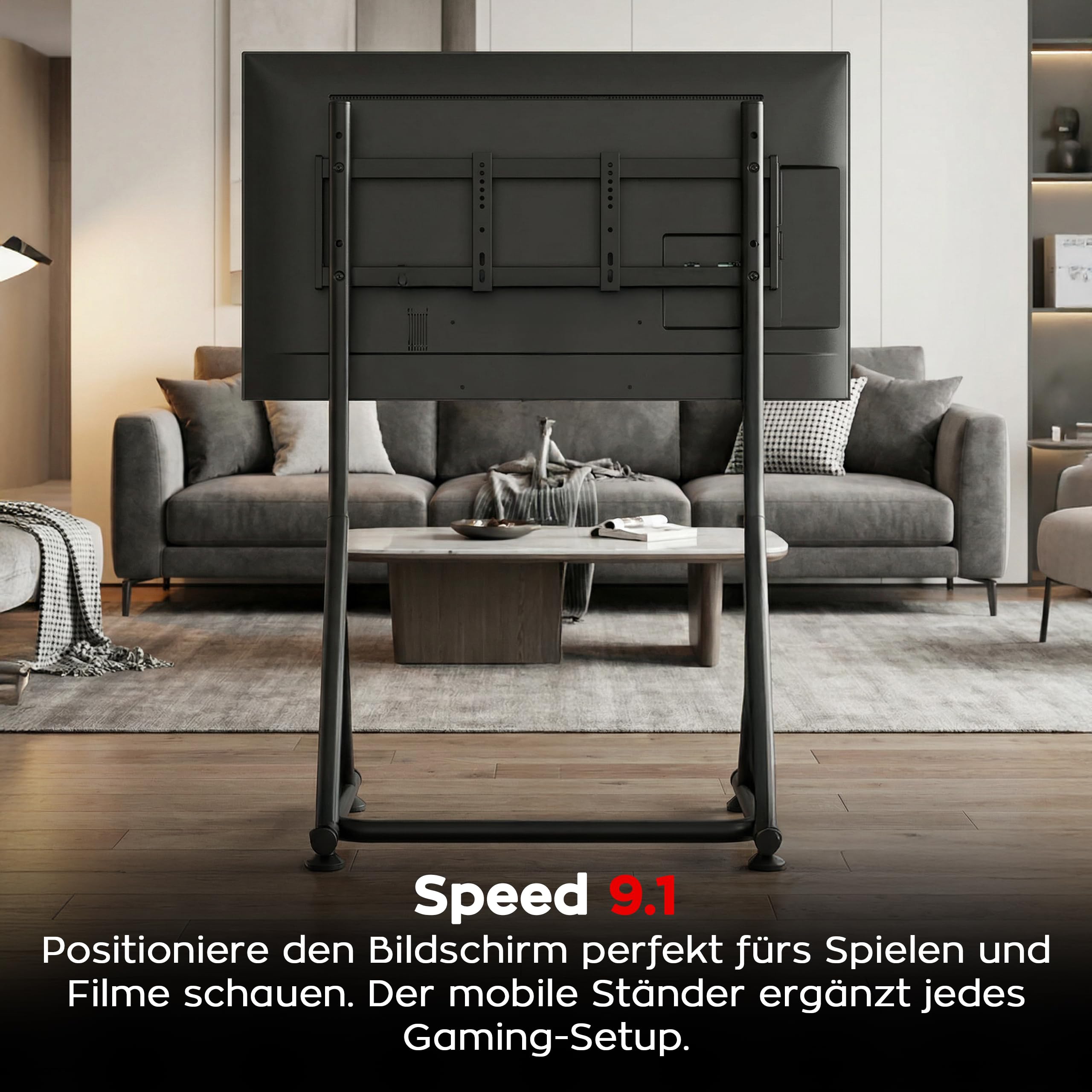 huzaro Speed 9.1 - Simracing Monitor Stand TV Stand Ständer Bodenständer - VESA 75x75, 100x100, 200x100, 200x200, 300x200, 400x200 mm - für 32 bis 55 Zoll - bis zu 50kg - Höhenverstellbar - Schwarz