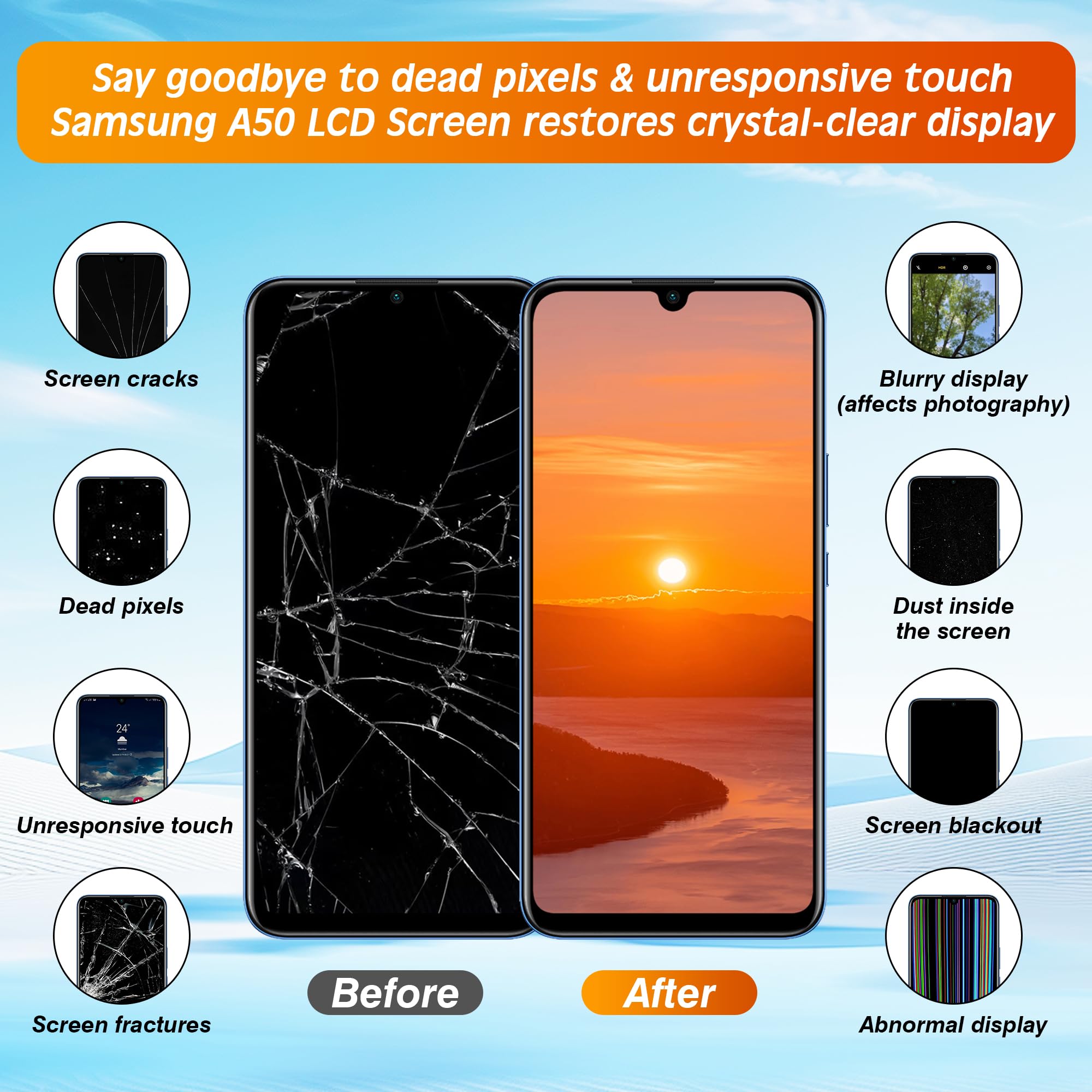 Bildschirmersatz für Samsung Galaxy A50, mit Rahmen A505F A505FN A505W A505U A505U1, LCD-Display-Digitalisierer-Baugruppe mit Reparaturwerkzeugen