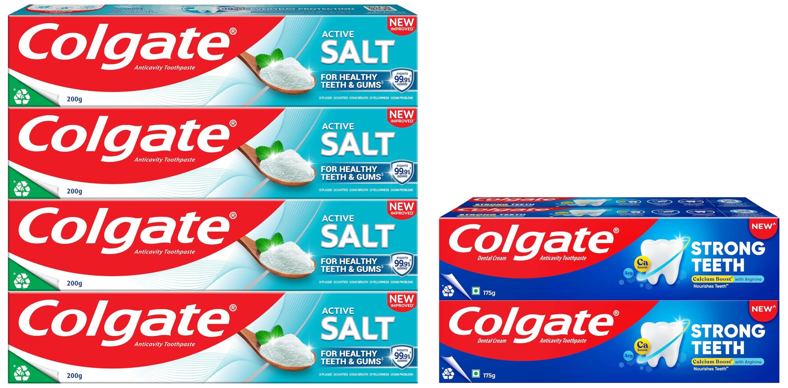 colgate strong teeth (700g) india’s no: 1 toothpaste brand, calcium-boost tooth paste for 2x stronger teeth & colgate active salt toothpaste, daily germ protection (800g) with salt and mint
