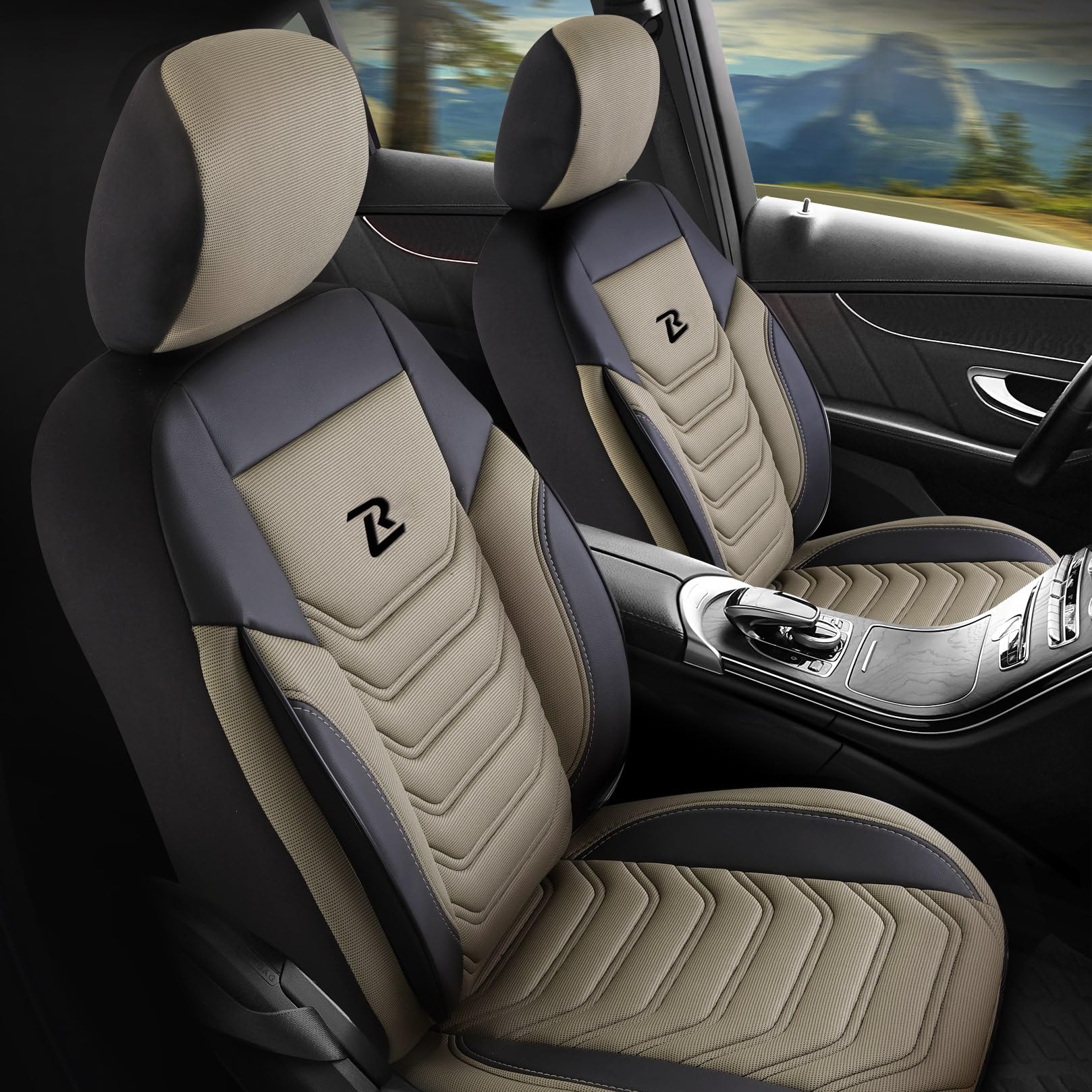 LUCARO Seat Cover Sets - 5 Seat Covers Pads - Beige Black - Dirt-Resistant Fit Most Vehicles -
