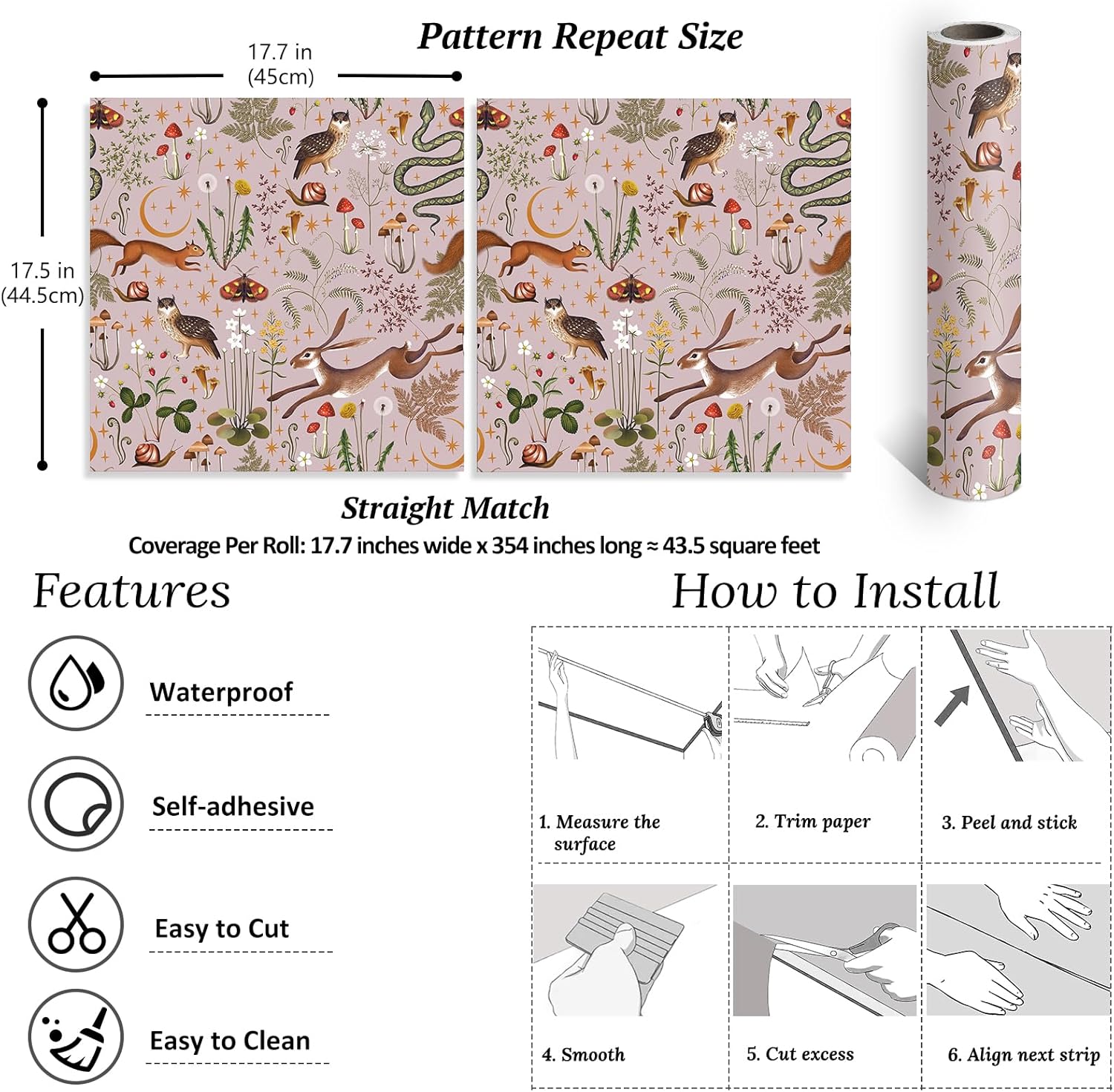 VEELIKE Pink Fairy Forest Wallpaper Peel and Stick Mushroom Wallpaper for Bedroom Nursery 17.7''x354'' Self Adhesive Removable Renter Friendly Fairy Wall Paper Pink Contact Paper for Walls Cabinets