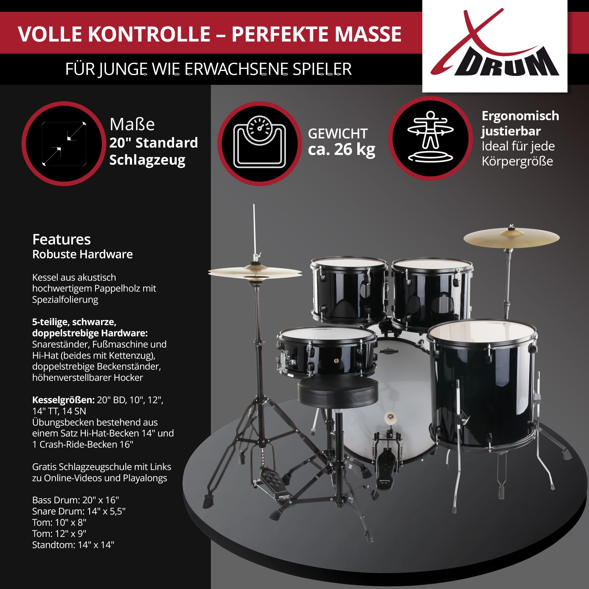 XDrum Rookie Schlagzeug Set Drumset Schwarz (20" BD, 10", 12", 14" TT, 14" SD, Übungsbecken bestehend aus einem Satz Hi-Hat-Becken 14" und 1 Crash-Ride-Becken 16", inkl. Schule & Schlagzeugdämpferset)