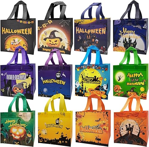 Maetrin Bolsas de Halloween para bolsas de truco o trato, 12 bolsas pequeñas de regalo de fiesta de Halloween con asas para niños y adultos, bolsas