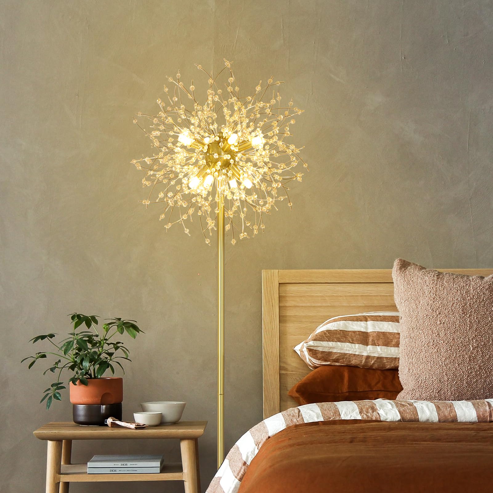 Rayofly Modern Stehlampen, Gold Feuerwerk Kristall Stehlampe Wohnzimmer, 8-Flammige Kristalle Stehlampen mit Fußschalter, Hohe 172CM, Glas Metall Stehleuchte, Golden Stehlampe für Schlafzimmer
