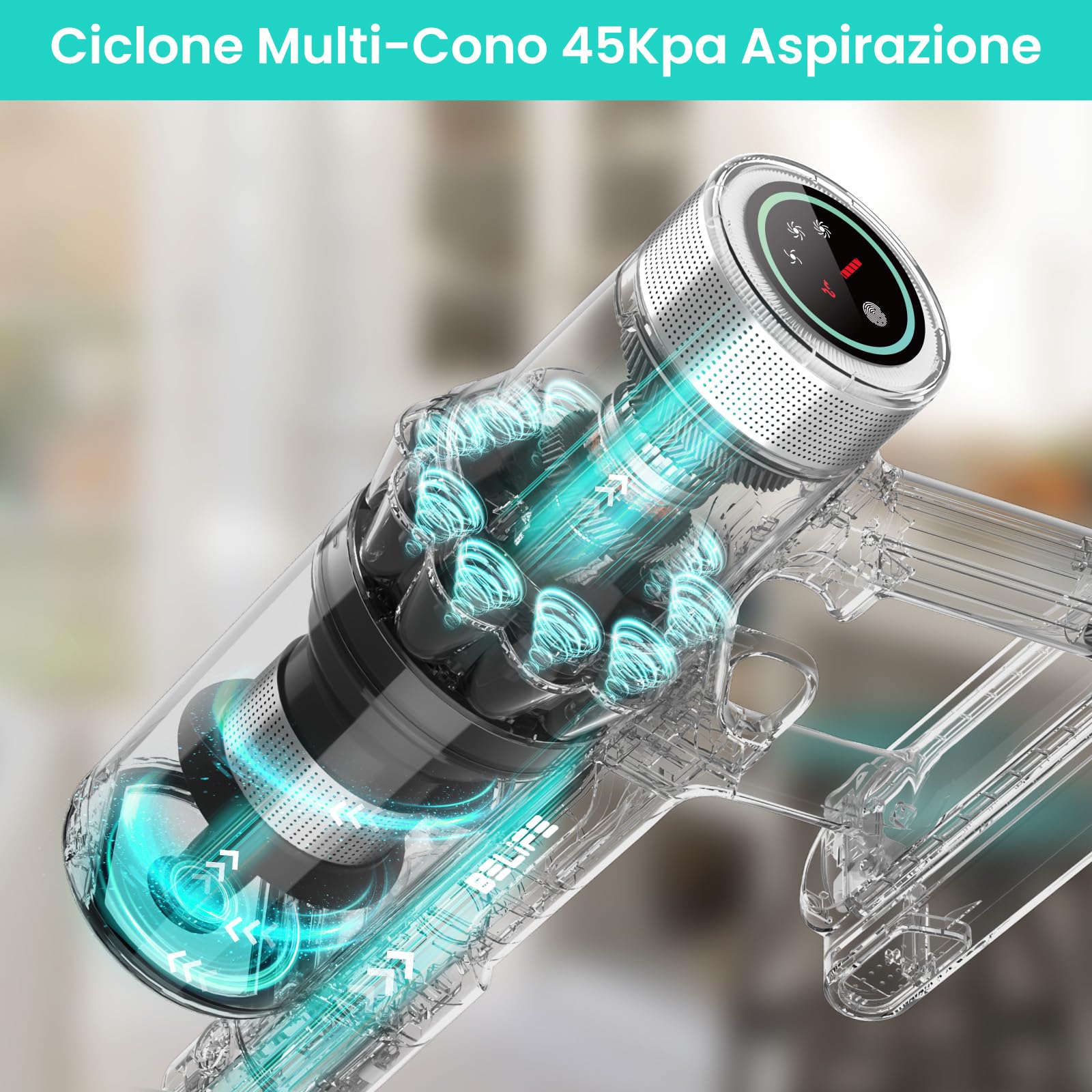 Belife BVC11 Aspirapolvere Senza Fili, 45KPa/550W, Batteria Rimovibile, Scopa Elettrica Senza Fili Potente 6 in 1 con Touchscreen LED per Pavimenti/Tappeti/Peli Animali (Blu)