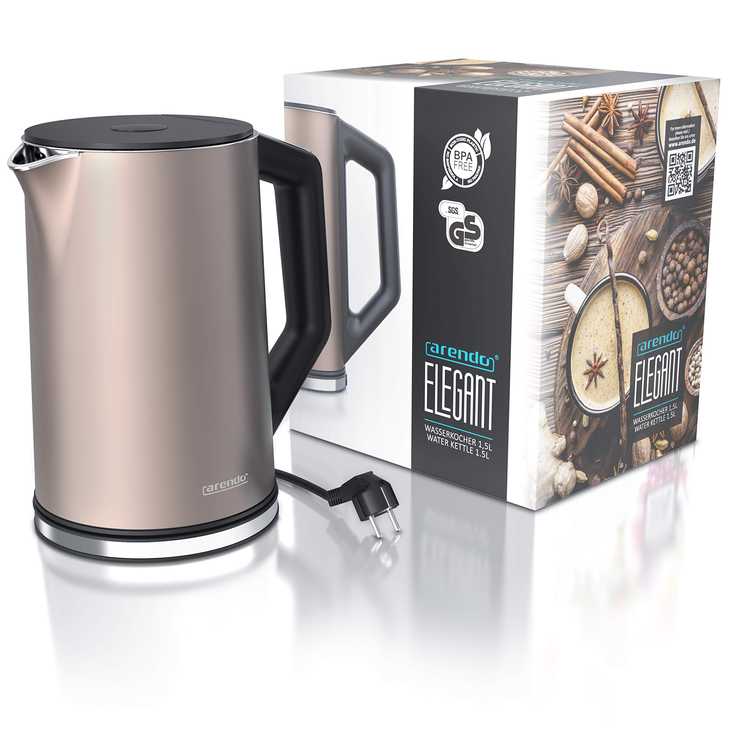 Arendo - ELEGANT - czajnik ze stali nierdzewnej z regulacją temperatury 40-100 stopni w 5 krokach - podwójna ścianka - 1,5L - 2200 W - czajnik do herbaty z wyświetlaczem temperatury - brązowy
