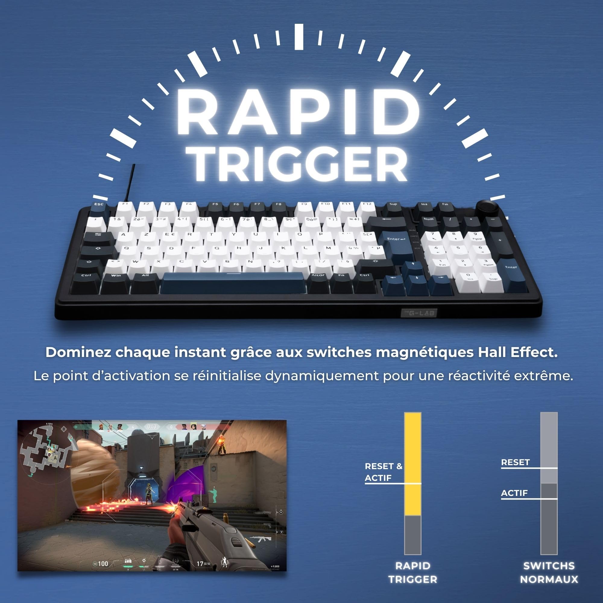 The G-Lab - KEYZ Elite 400 HE BB - Magnetyczna Klawiatura Gamingowa Hall Effect 96% AZERTY FR, Przewodowa USB, 8000 Hz Rapid Trigger, Regulowana Aktywacja 0,01 mm, PBT Hot-Swap, RGB i Makra - Win/Mac