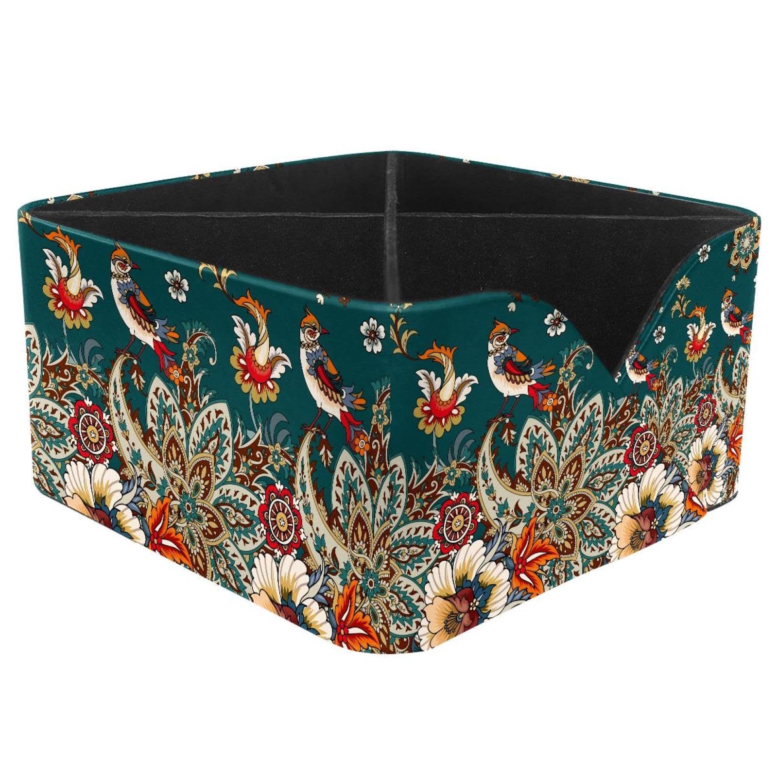 KengjuTesu Paisley Flowers Floral Birds Pattern Desktop Organizer Pen Holder, Rectangular Pencil Cup for Office, Study and Makeup Stations