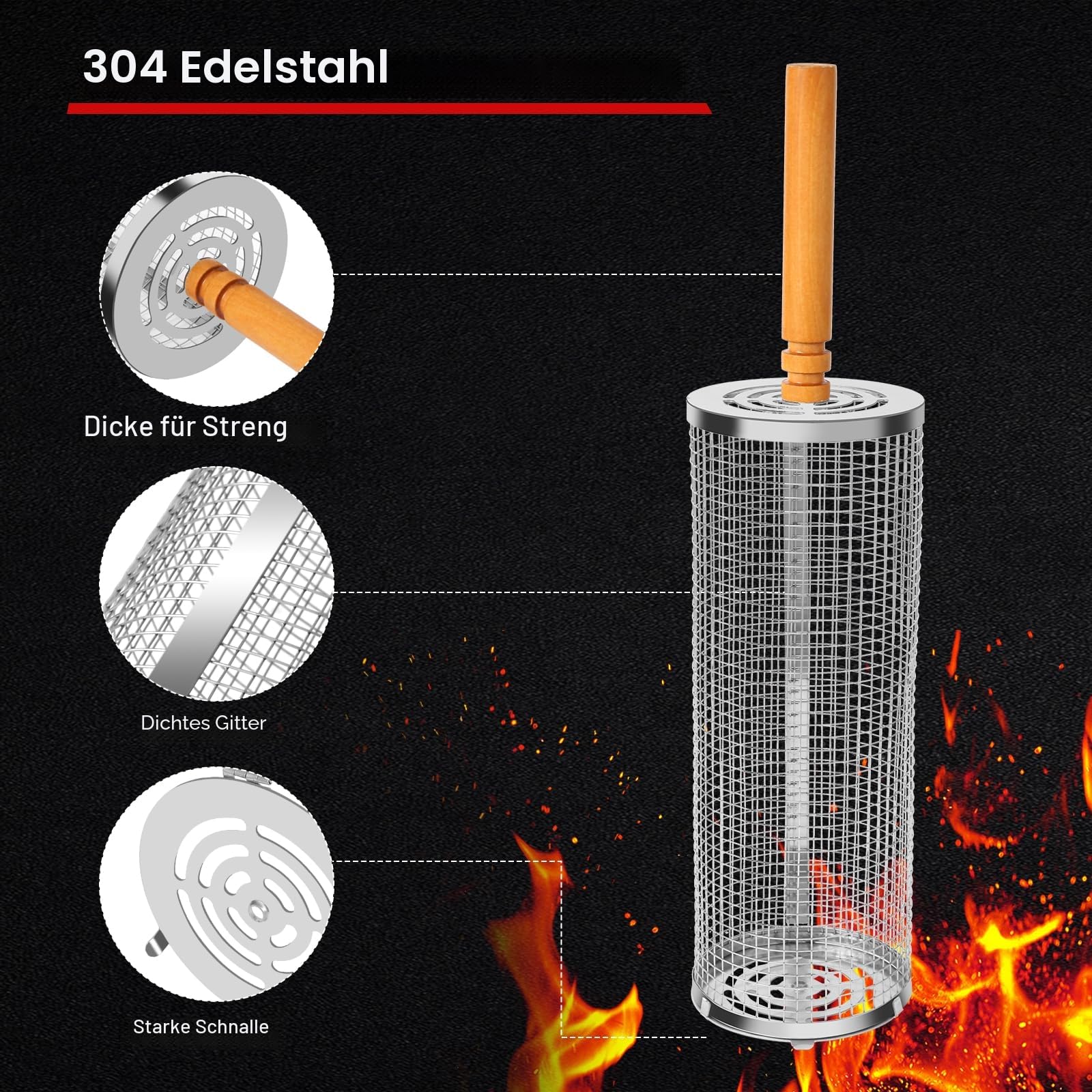 2 Stück Nestendes Rollendes Grillkorb Set mit Holzgriff (30 x 10cm), Grillnetzrohr für Den Außengrill für Gemüse, Edelstahl zylindrische für Outdoor Grill Grillzubehör-Werkzeuge Geschenke für Männer