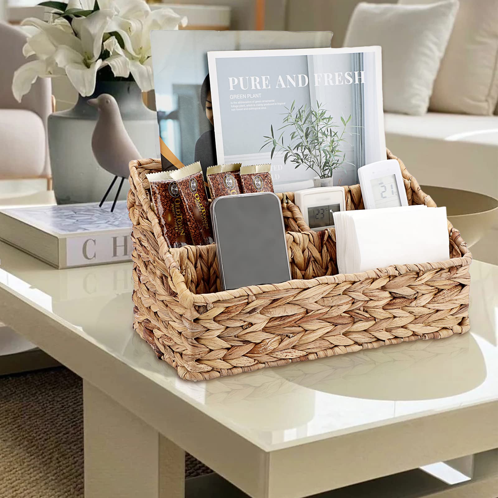 BSTKEY Organiseur de bureau en jacinthe d'eau, trieur de courrier tissé à la main avec 4 compartiments, support de papeterie en osier pour bureau à domicile