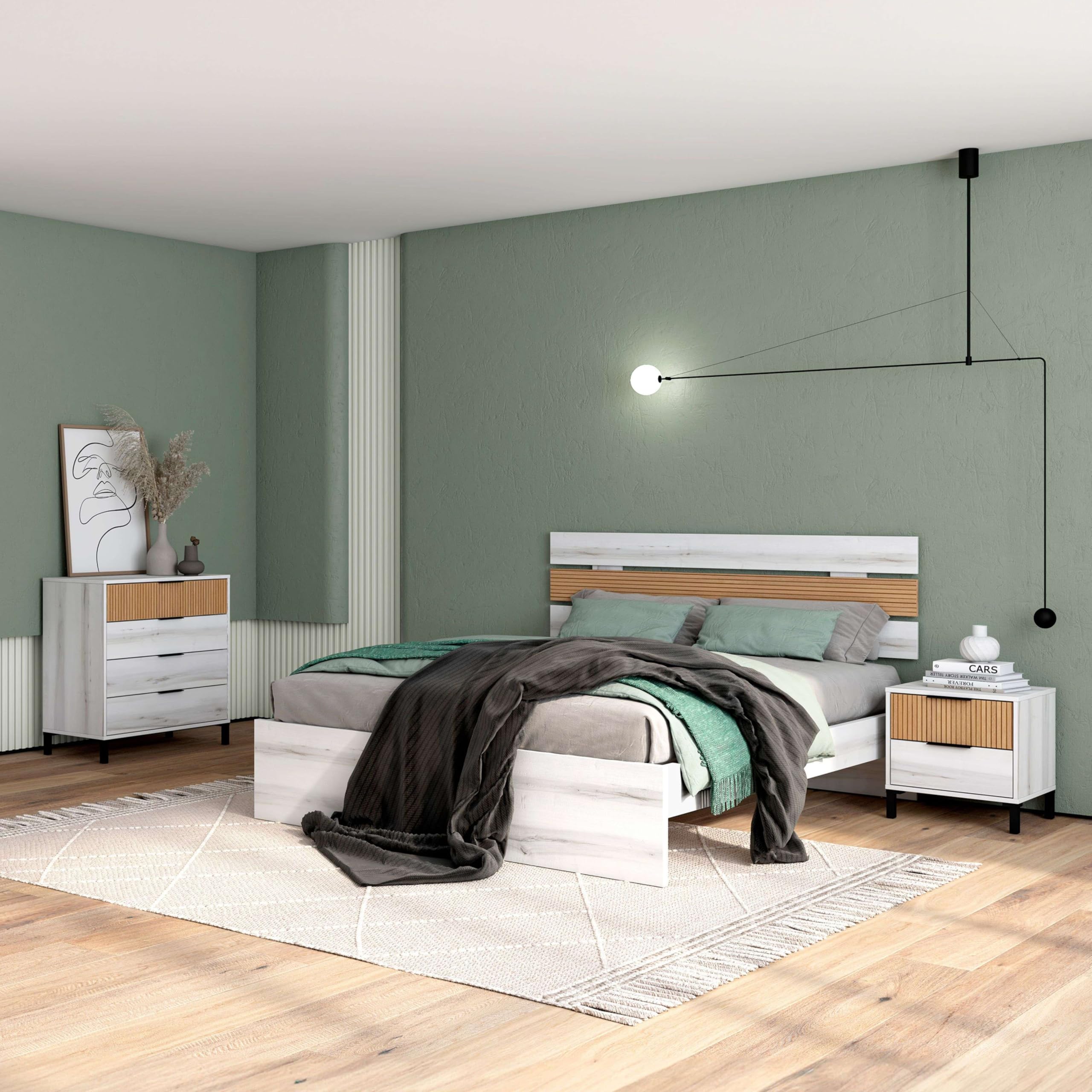 Miroytengo Pack Muebles Dormitorio Matrimonio Arles Nórdicos Modernos Color Blanco Albo y Roble Rayado