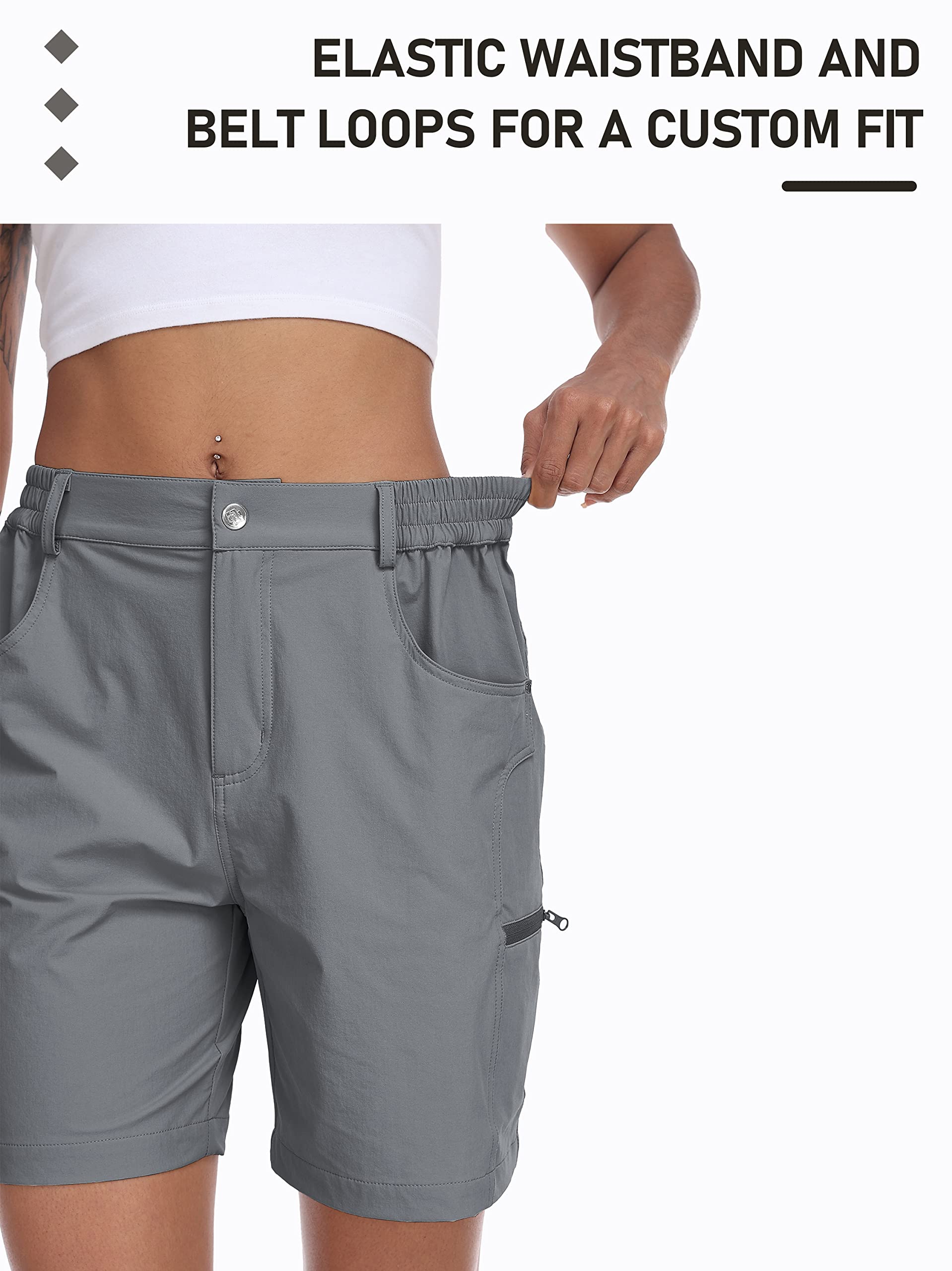 MoFiz Spodenki Cargo Damskie Hiking Shorts Lekkie Elastic Trekking Spodnie robocze Wodoodporny z kieszeniami, Szary, L
