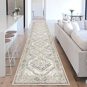 KUTA Oriental Medallion Washable Runner Rug 2.6x14 Ivory Grey Yellow, Non-Slip Hallway Kitchen Rugs with Rubber Backing, Ultra Soft Printed Distressed Farmhouse Long 14ft Runners for Bedroom