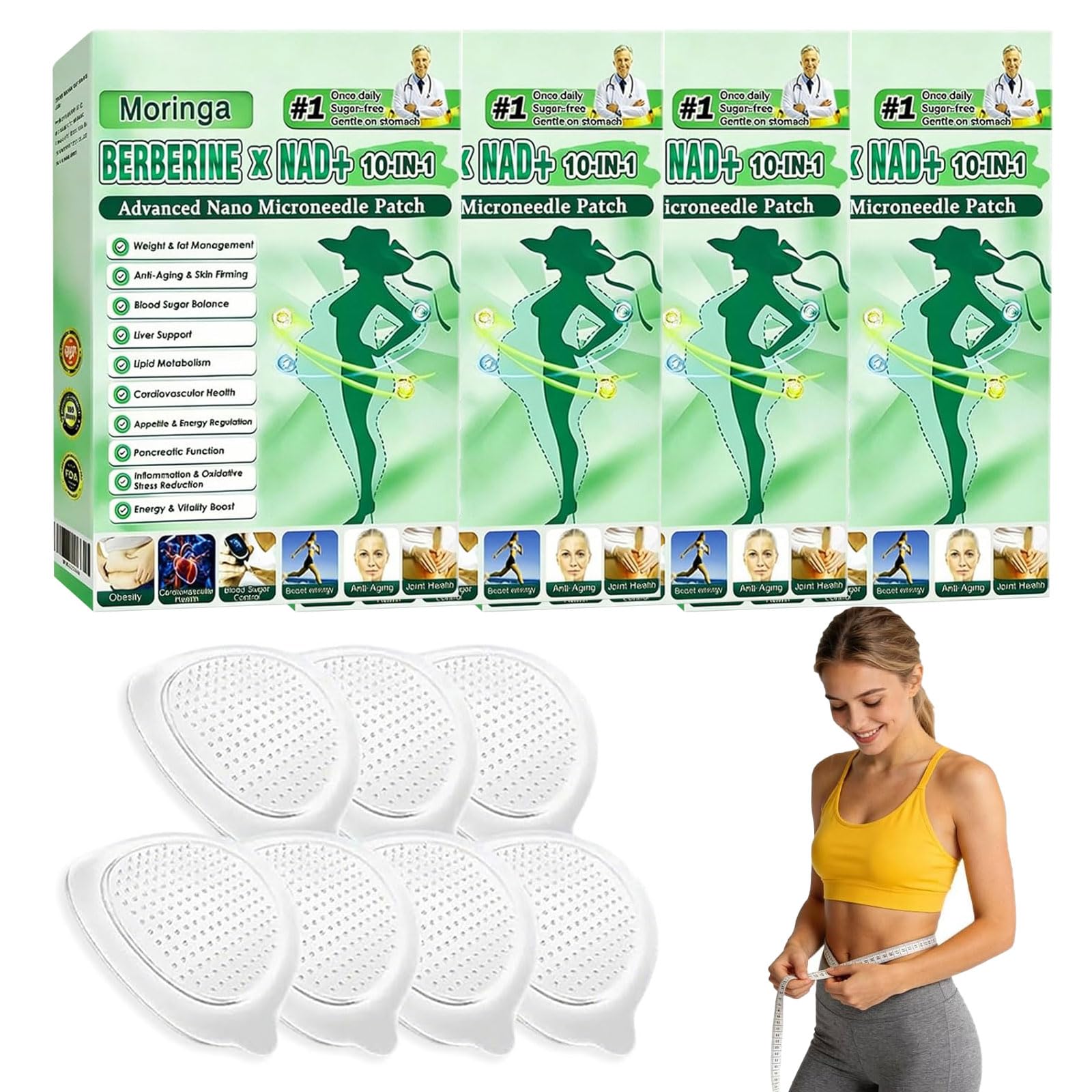 4 Cajas Moringa x Berberine Patch 10 en 1, Parche Nano Microneedle Adelgazantes, ingredientes naturales, fácil de aplicar, invisible debajo de la ropa, ideal para hombres y mujeres