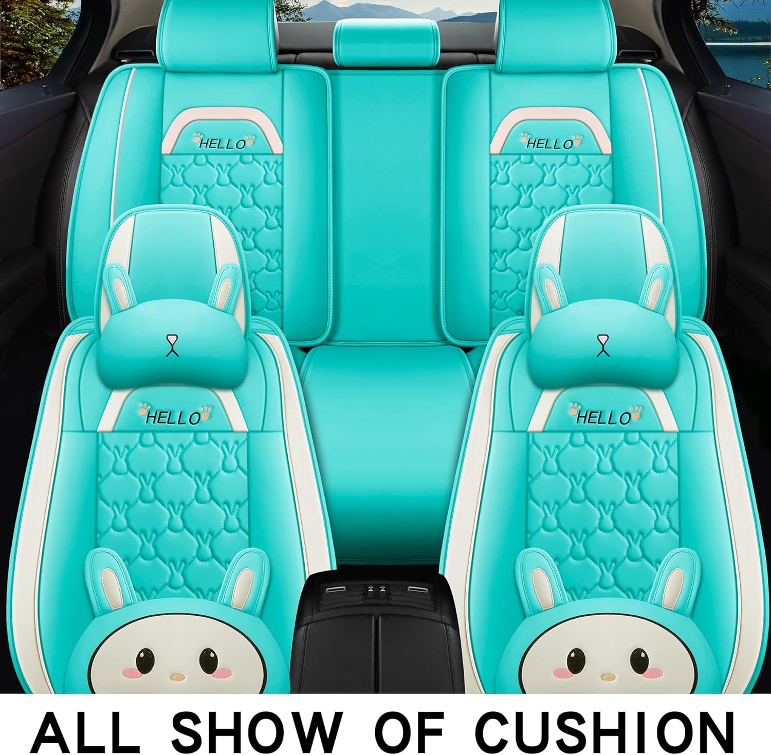 INZU Cute Cartoon Rabbit Comfortable Car Seat Covers with Waterproof PU Leather Suitable for Most 5 Seats Cars SUV and Pick-up Truck Universal Fit Set (Blue & Green)
