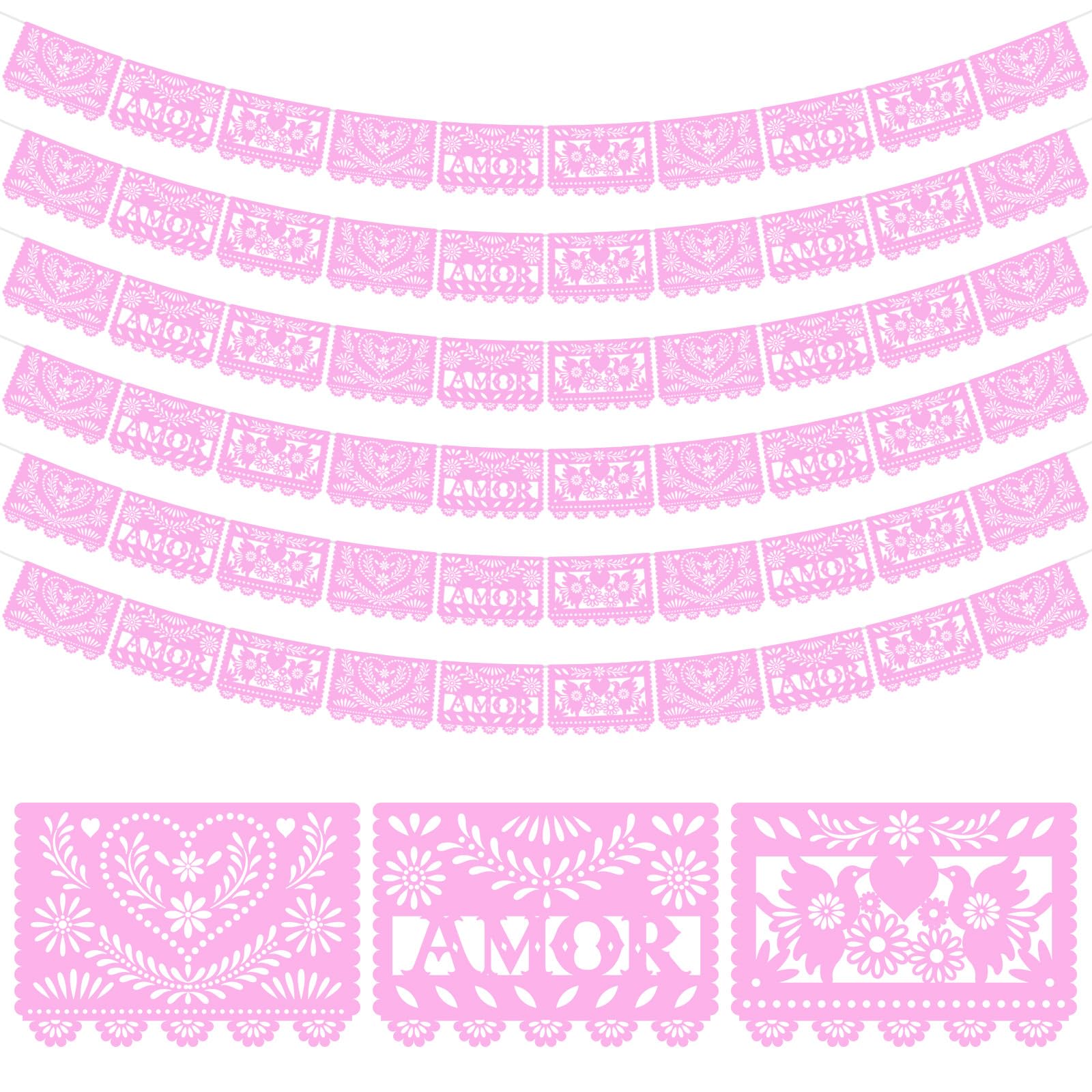TaoBary 6pcs Mexican Papel Picado Banner 118ft, Pink, Amor