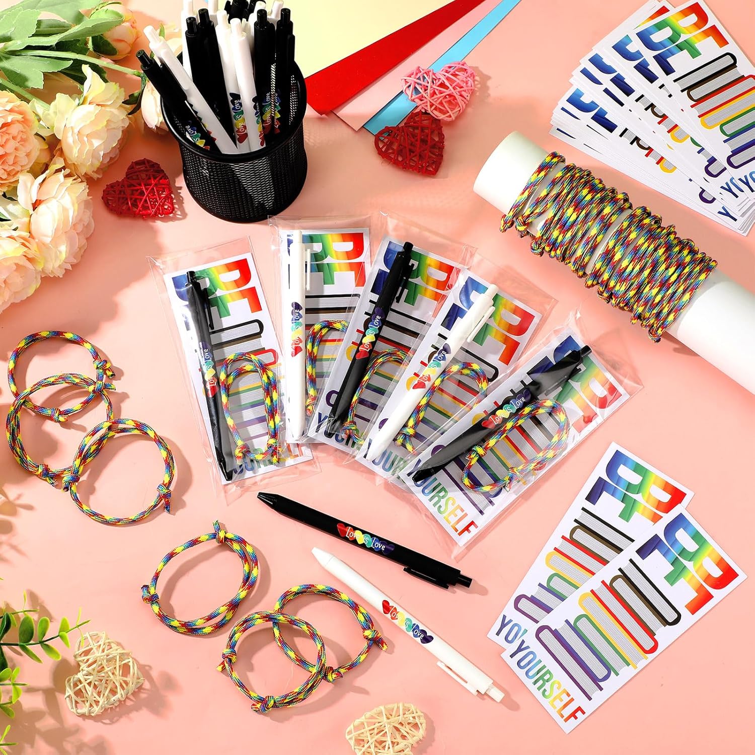 50 Sets LGBTQ Gifts Gay Pride Bulk LGBT Party Favors Lesbian Rainbow Pen Bracelets Ballpoint Pens Love is Love Proud of You Gifts Bookmarks for Pride Month Trans LGBT - Image 6