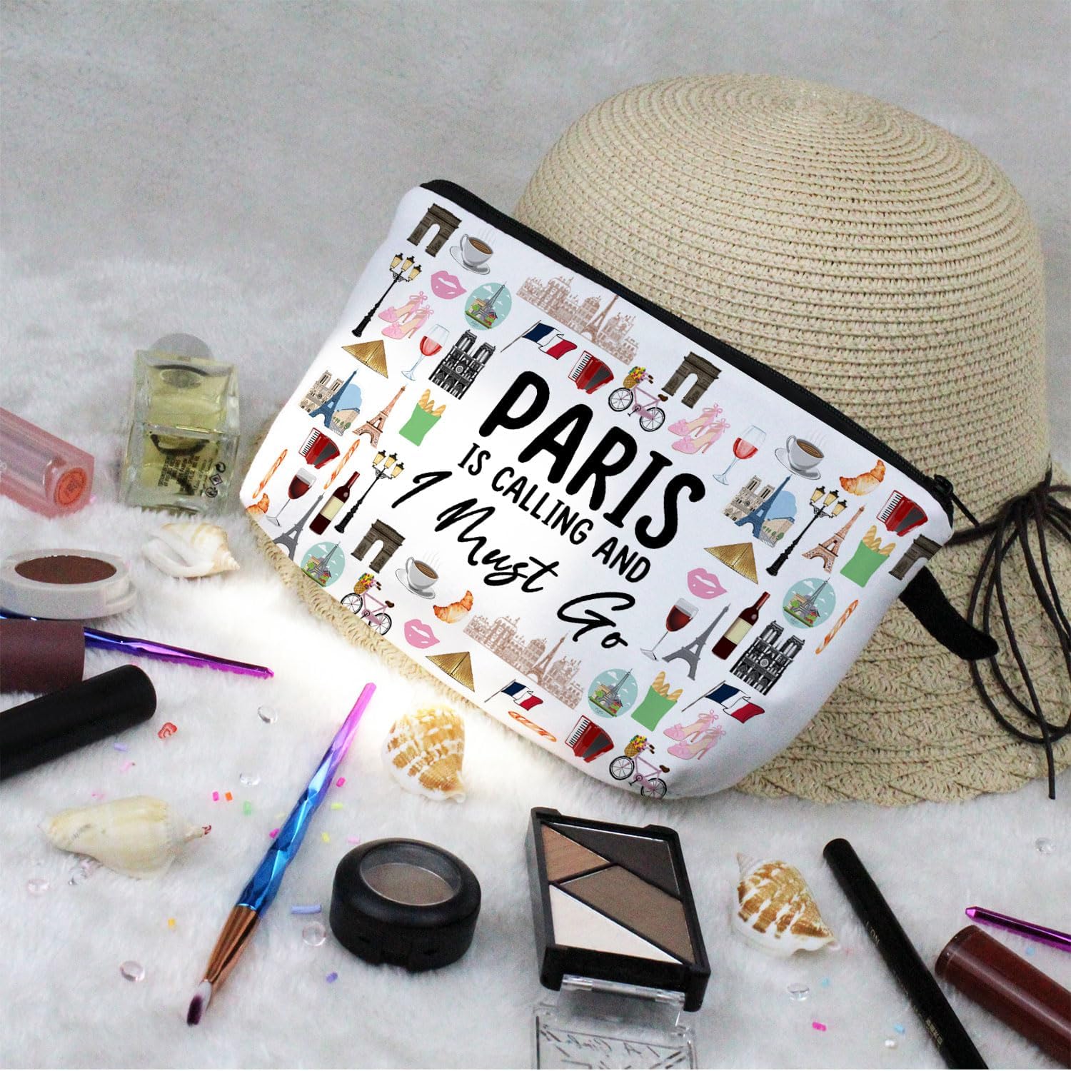 Paris Is Calling Makeup Bag Cute Small Organizer Zipper Pouch Paris Is Calling Cosmetic Bag Travel Present for Women Friends - Image 7