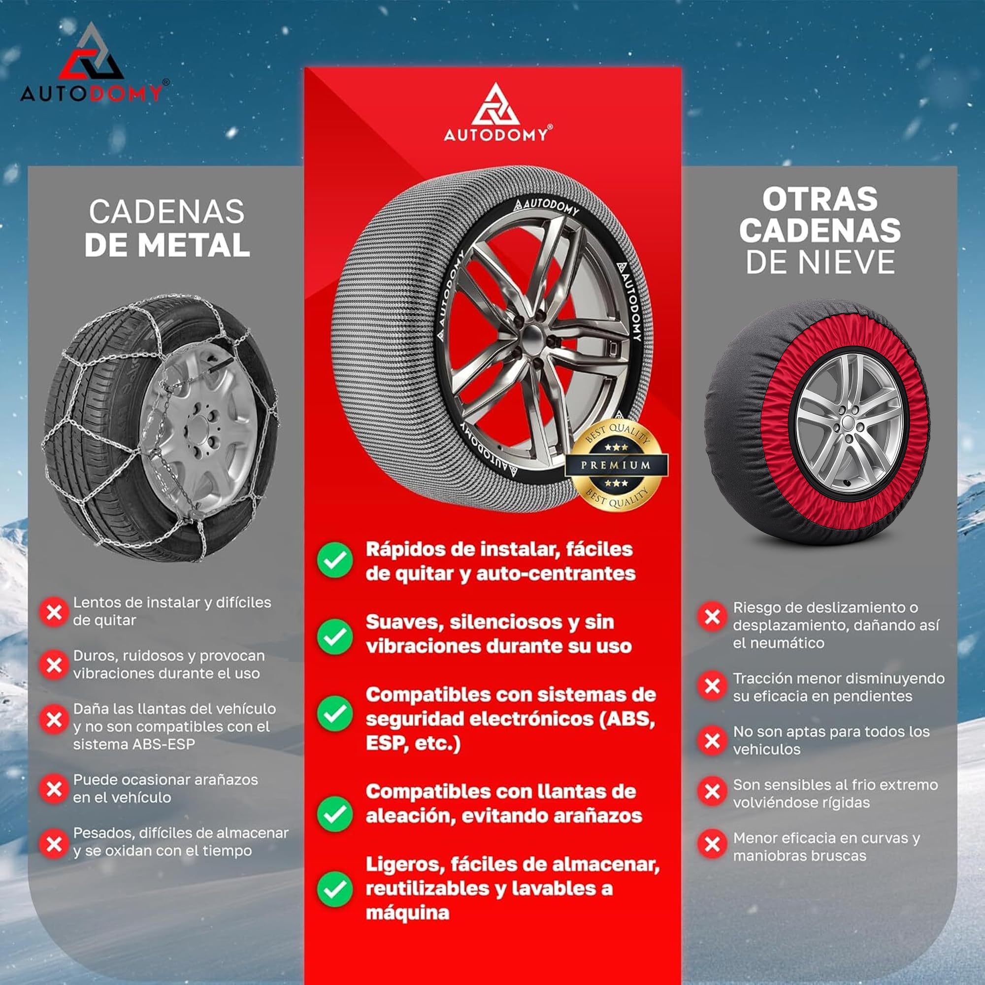 Autodomy Cadenas Textil Nieve Talla L Compatible con Cualquier Neumatico | Fundas Ruedas Nieve No Dañan el Neumático | Cadena Textil Coche Homologadas Rápido de Instalar sin Herramientas