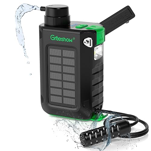 Greeshow Filtro de agua eléctrico portátil para campamento, alimentado por energía solar, manivela de mano, carga USB, purificador de agua de