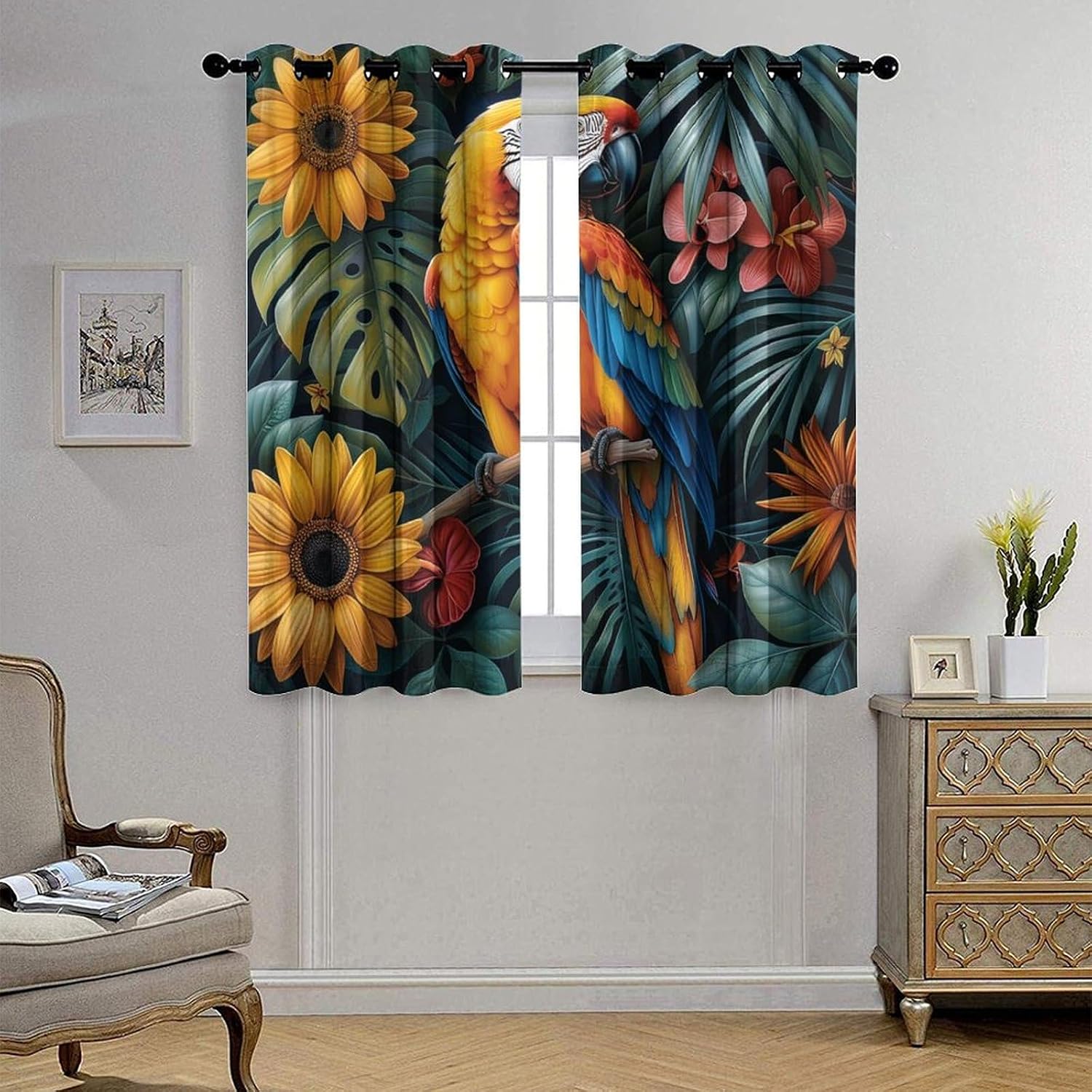 Colorful Floral Parrot Bird Curtains for Bedroom, Nature Tropical Jungle Palm Leaf Grommet Blackout Curtains Thermal Insulated Window Drapes for Living Room, 21W x 45L, 2 Panels