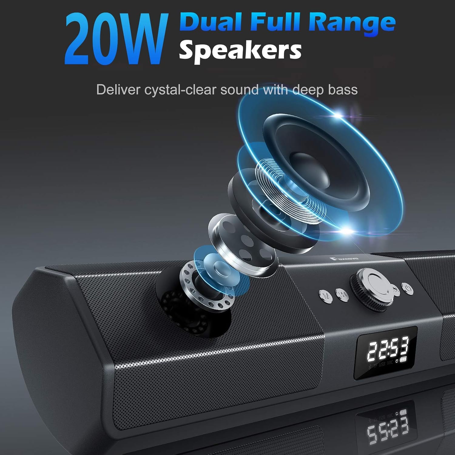 Унутрашње view of the Foxnovo MX-1 speaker showing dual full-range drivers.