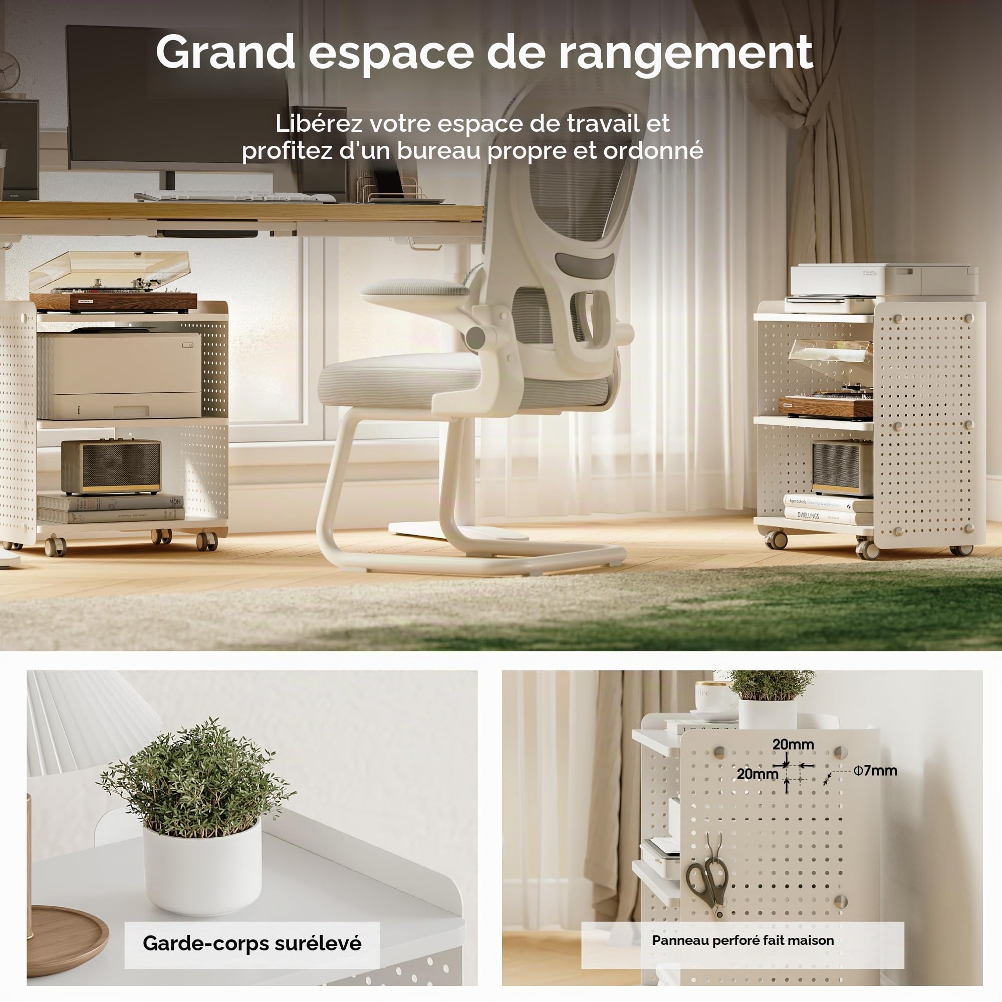 Fenge Support d'Imprimante Mobile, Caisson de Bureau sur roulettes, Meuble pour imprimante, Meuble de Rangement avec 4 Nieavux, Support de Fax, pour Bureau, Chambre, Salon, 45,3x33,5x55,3cm (Blanc)