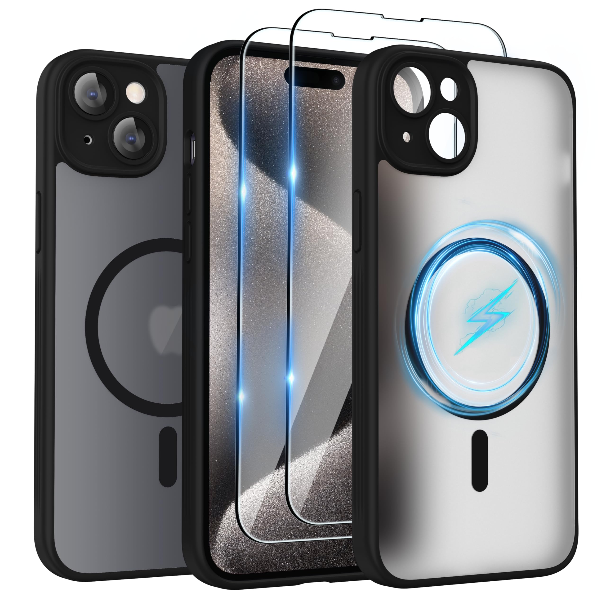 Cover SURPHY Per IPhone 15 Pro Con MagSafe - Traslucida Nera, Antiurto, Con 2 Vetri Temperati Inclusi - 4