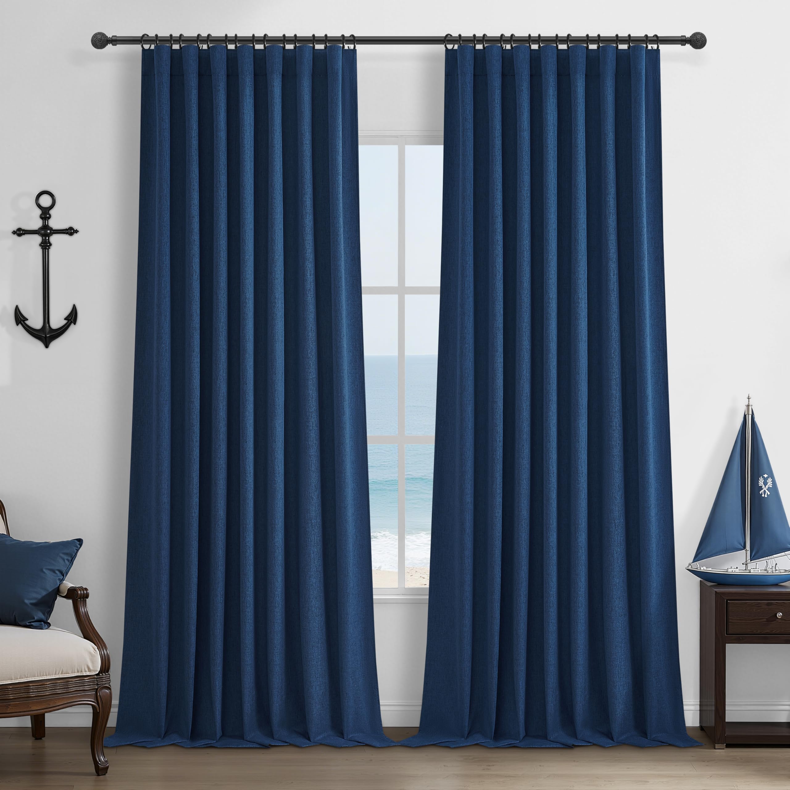 Navy Blue Blackout Curtains 120 Inch Length for Boys Rooms/Bedroom, Floor to Ceiling Track Pleated Drapes with Hooks Linen Thermal Coastal Curtain Dark Blue Window Burg 50"Wx120"Lx2Panels Back Tab โ image 1